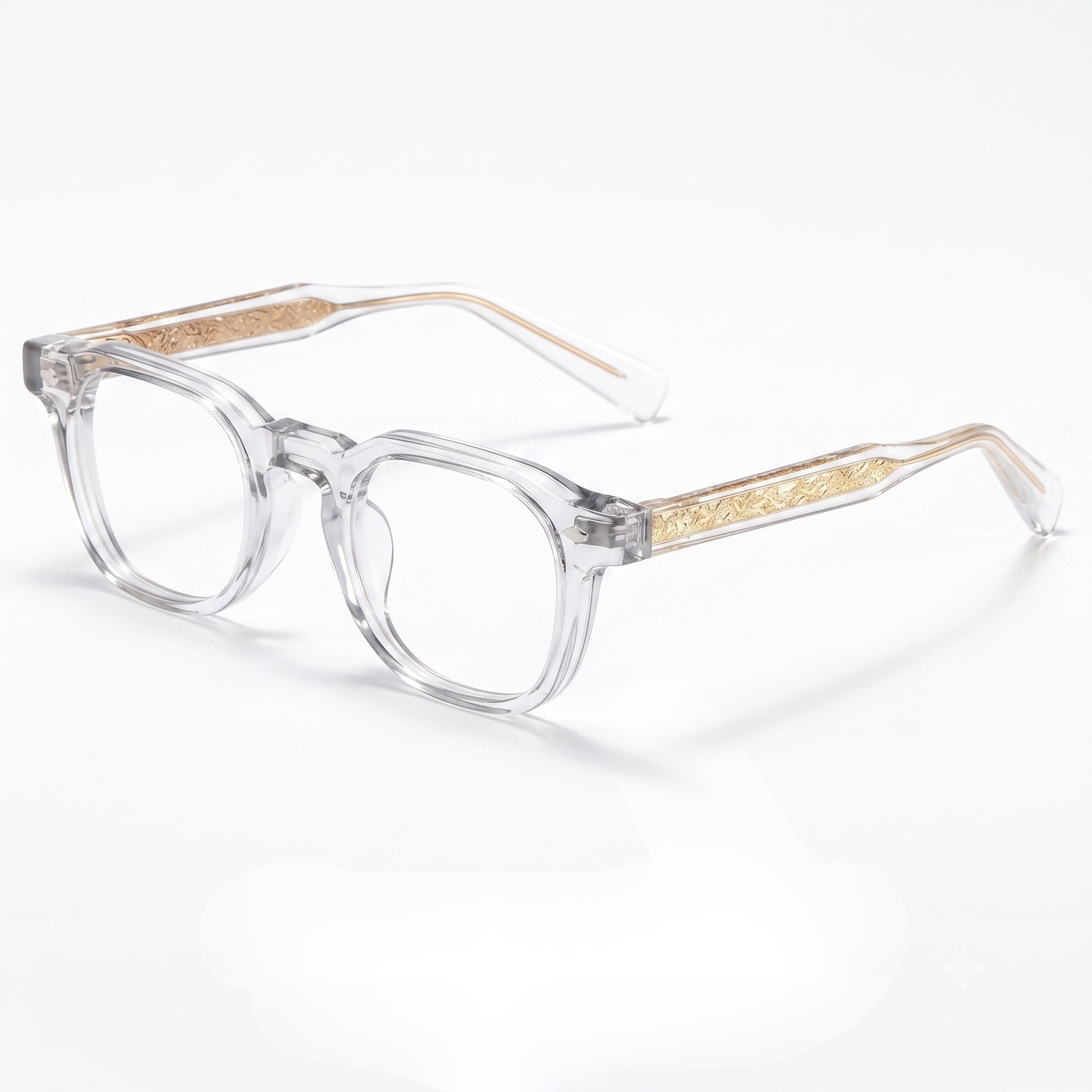 Clear square optical eyeglass frames with textured gold-tone temples.