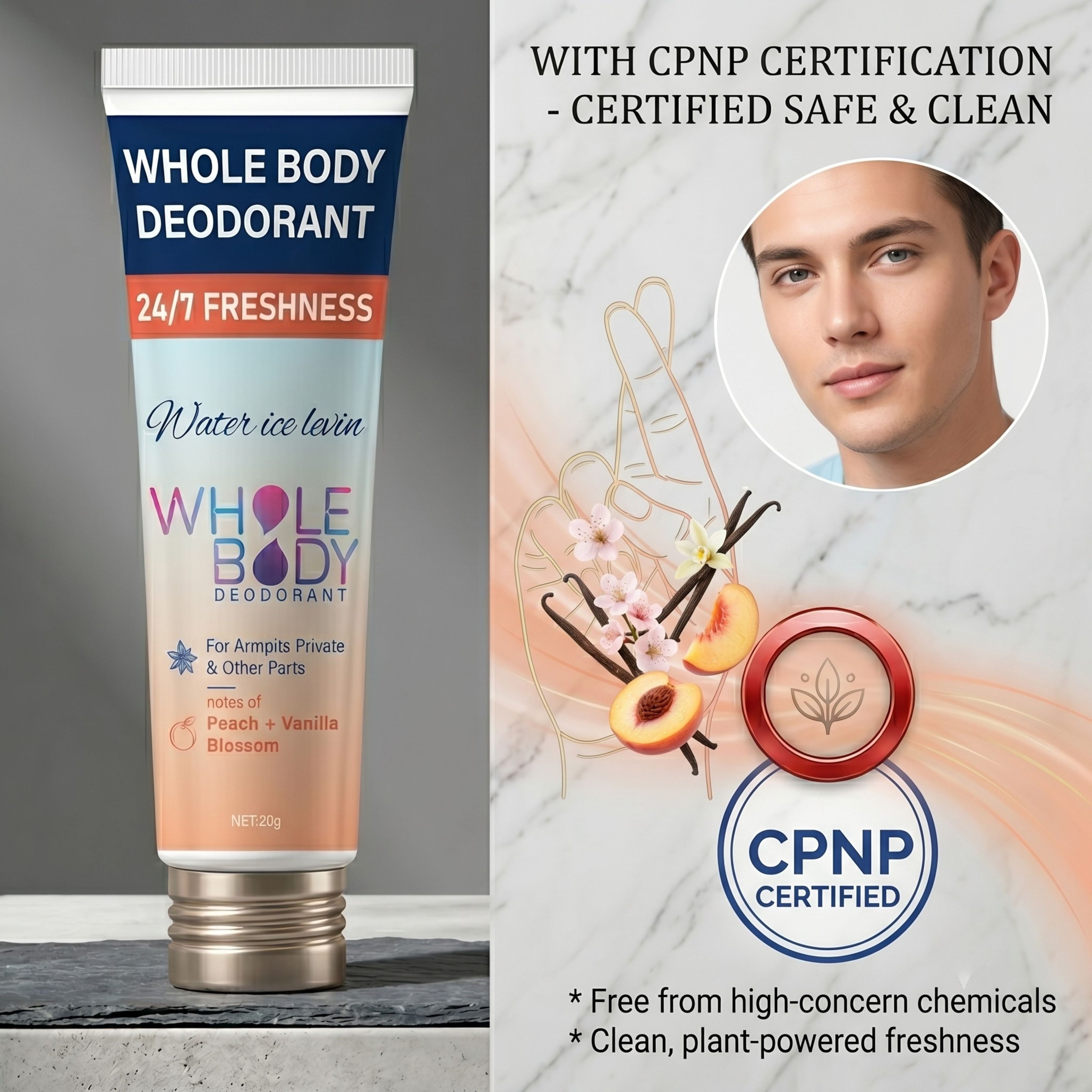 Product infographic displaying the CPNP certification seal, highlighting a formula free from high-concerned chemicals