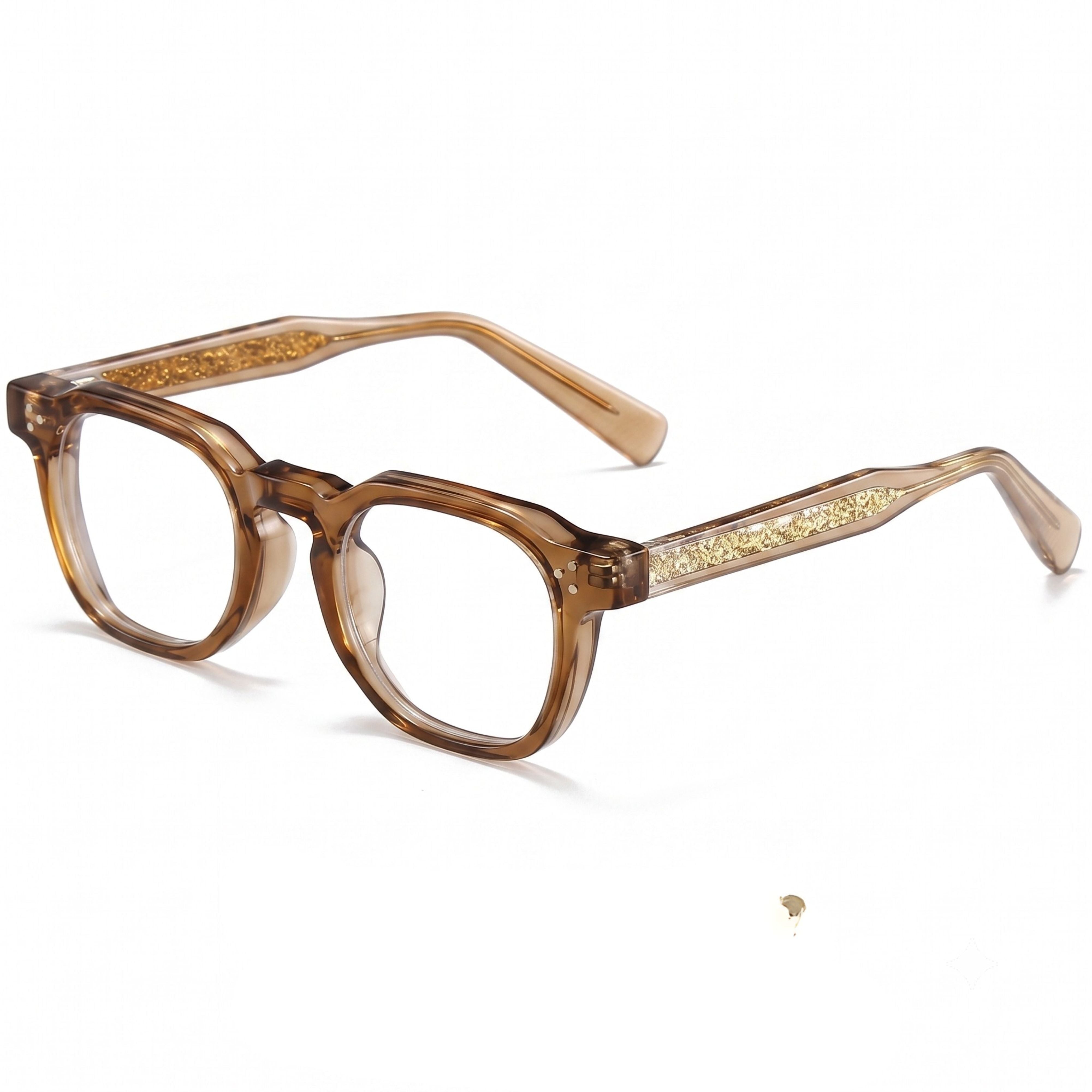 Thick crystal sand-colored eyeglass frames with textured temples.