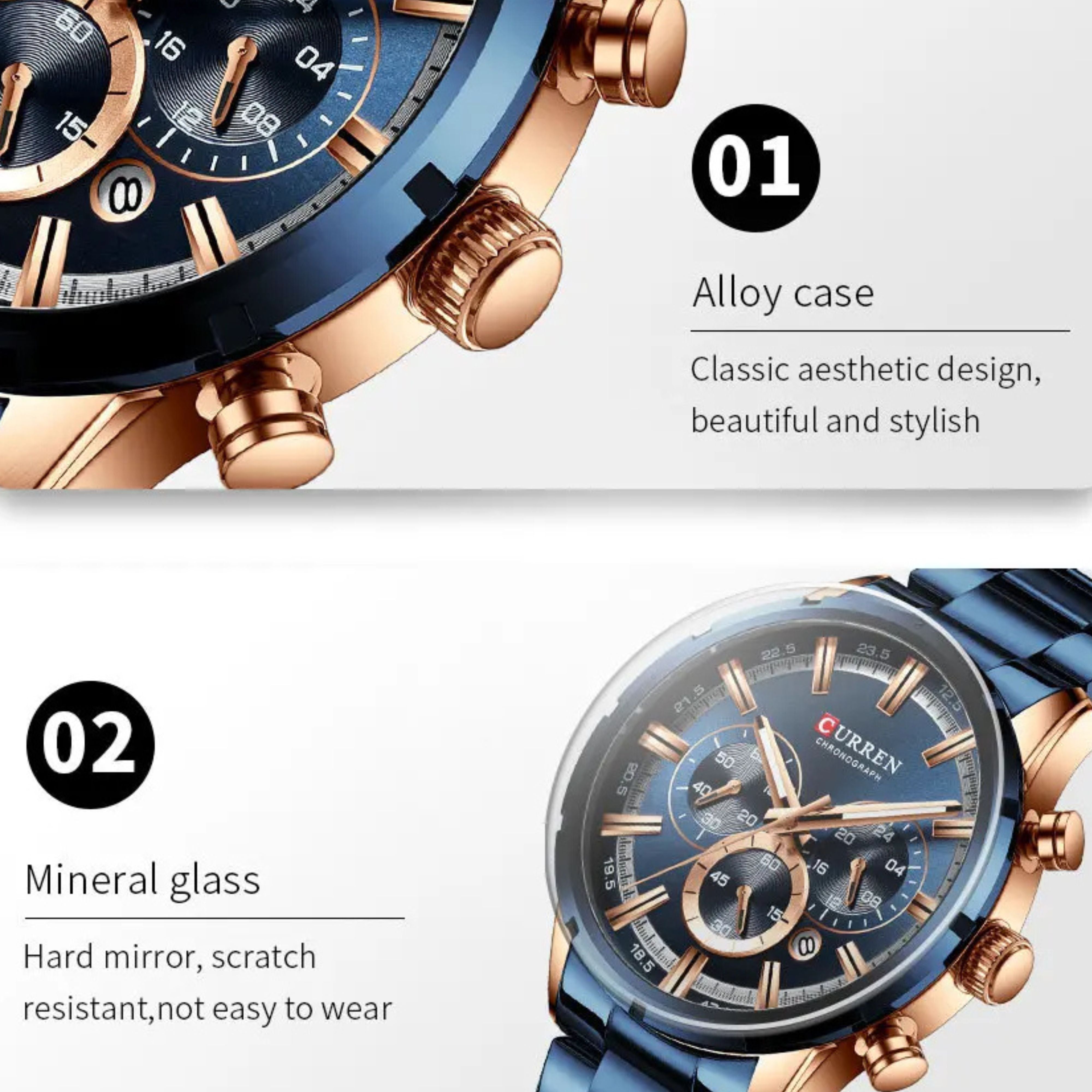 Aesthetic product shot of a navy blue Curren stainless steel watch placed on ice cubes with water drops
