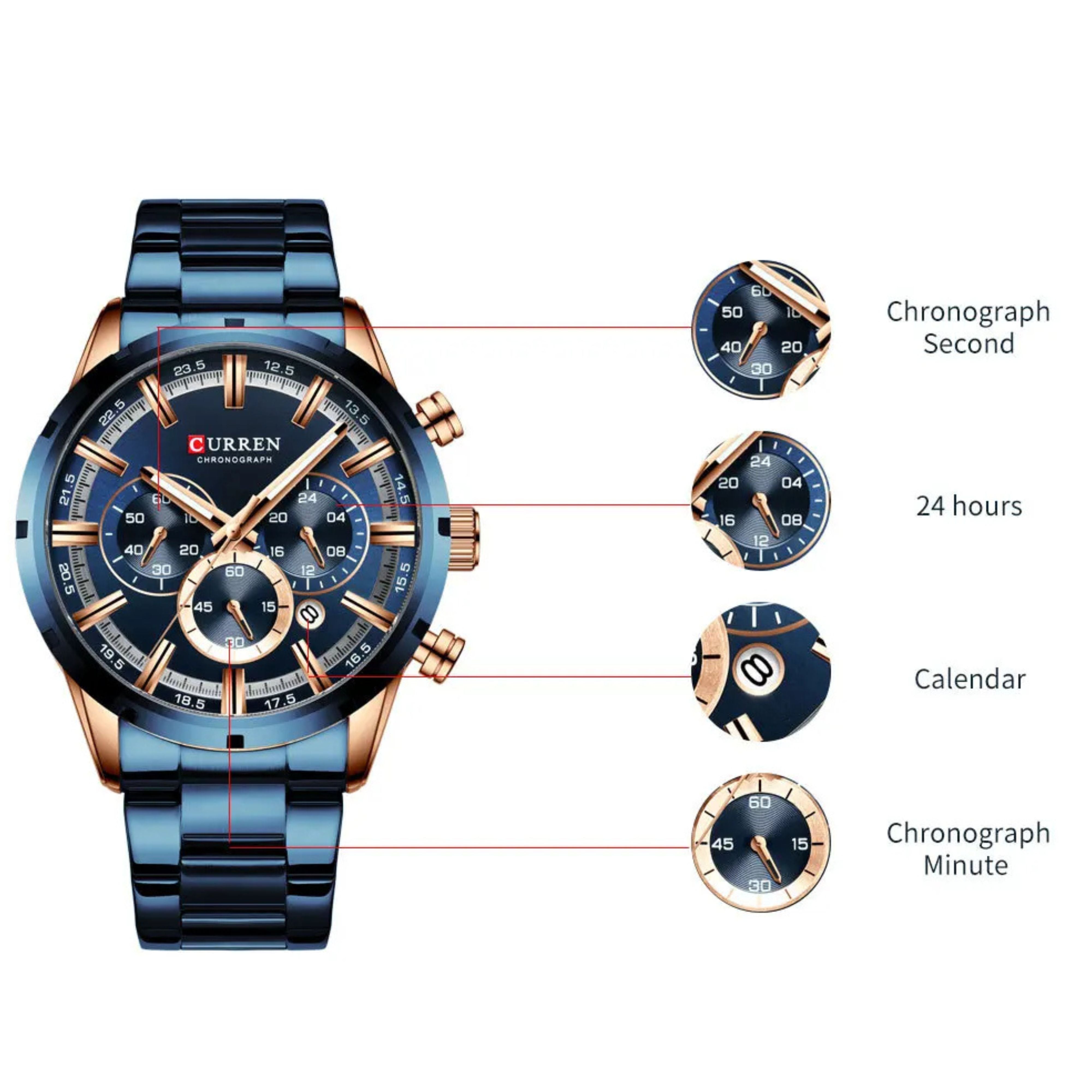 Close up diagram of Curren watch dial showing 24-hour sub-dial, stopwatch minute indicator, and date window