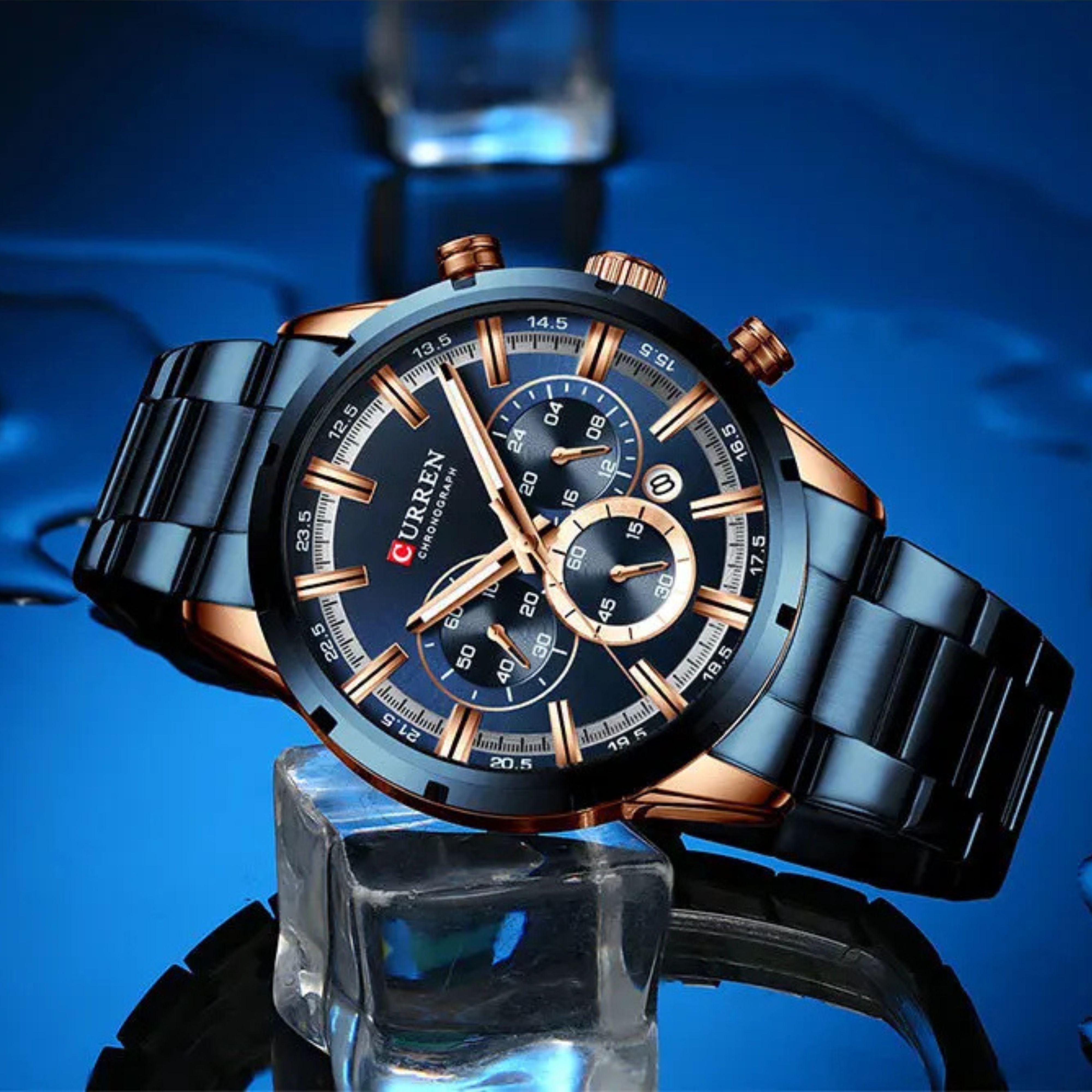 Feature showcase collage detailing Curren Japanese quartz movement and reliable design elements