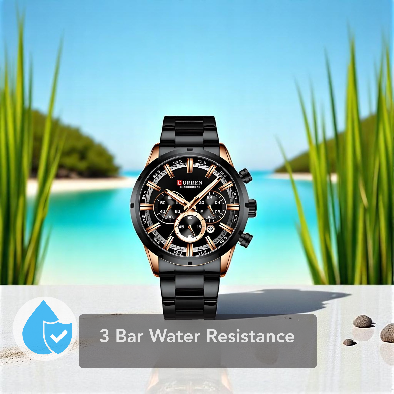 Curren men's tactical watch highlighting 3 Bar water resistance specification with a tropical beach background