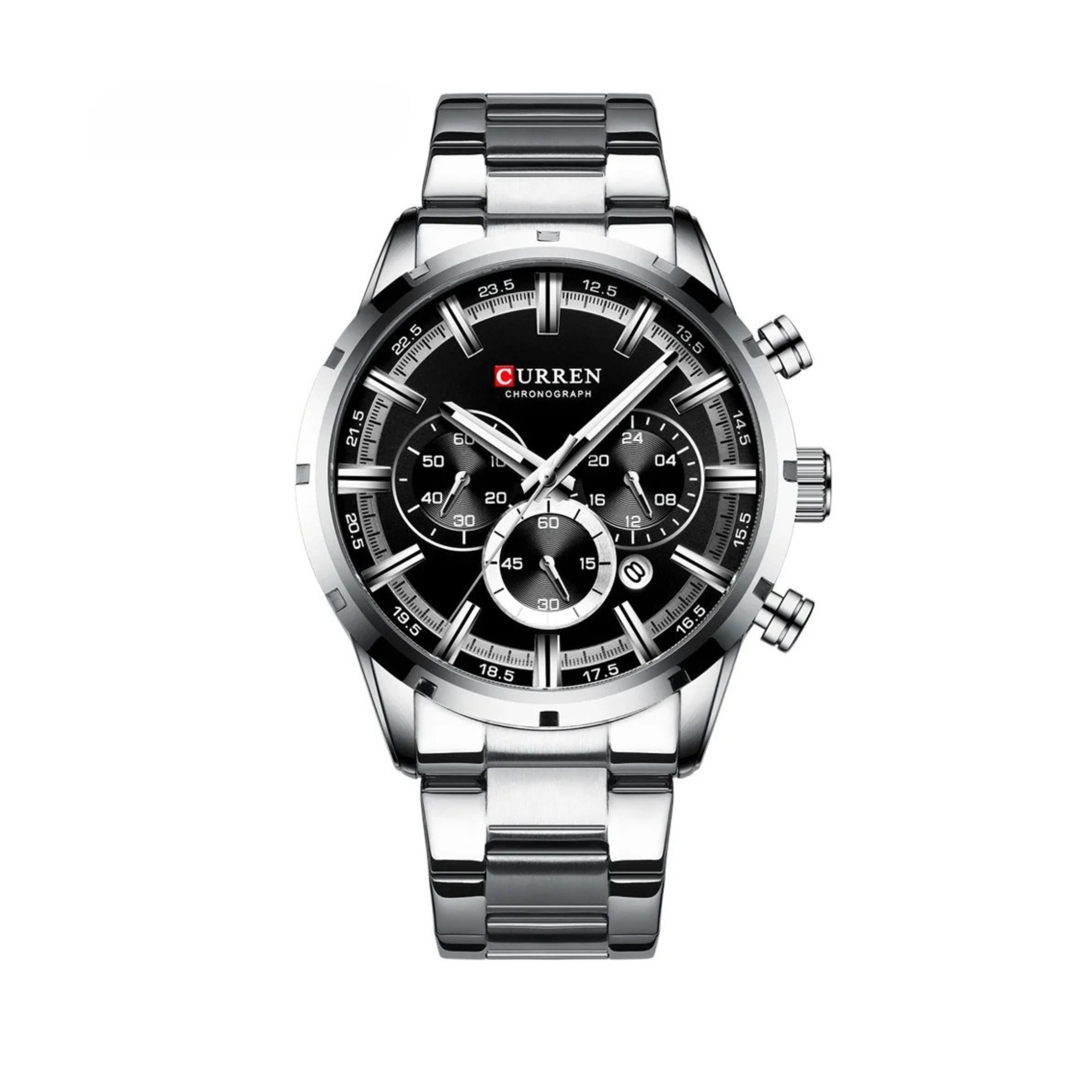 Curren male luxury sports wrist watch featuring silver steel strap and classic black dial