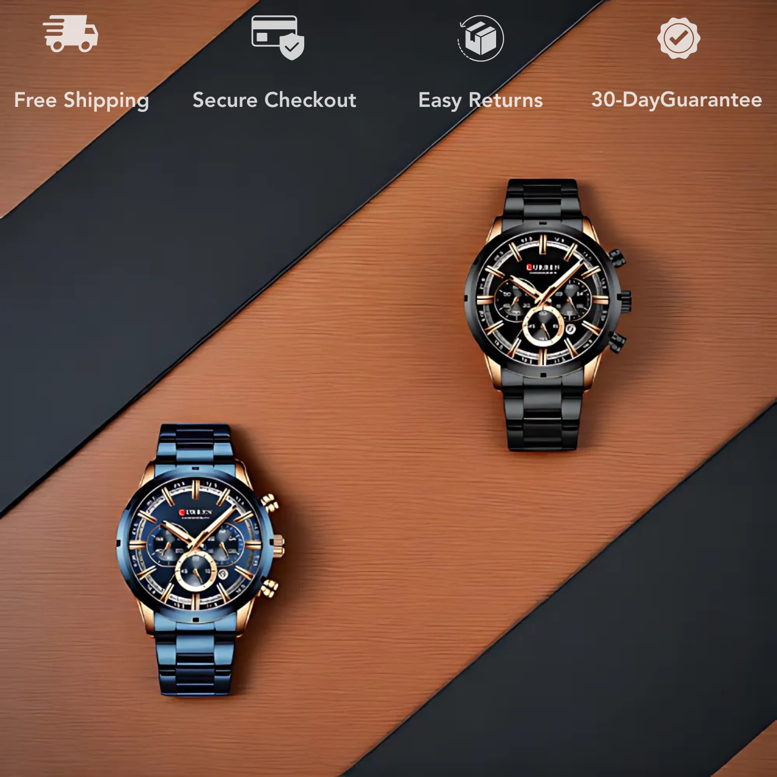 Two Curren sports chronograph luxury watches displayed on a modern textured brown background