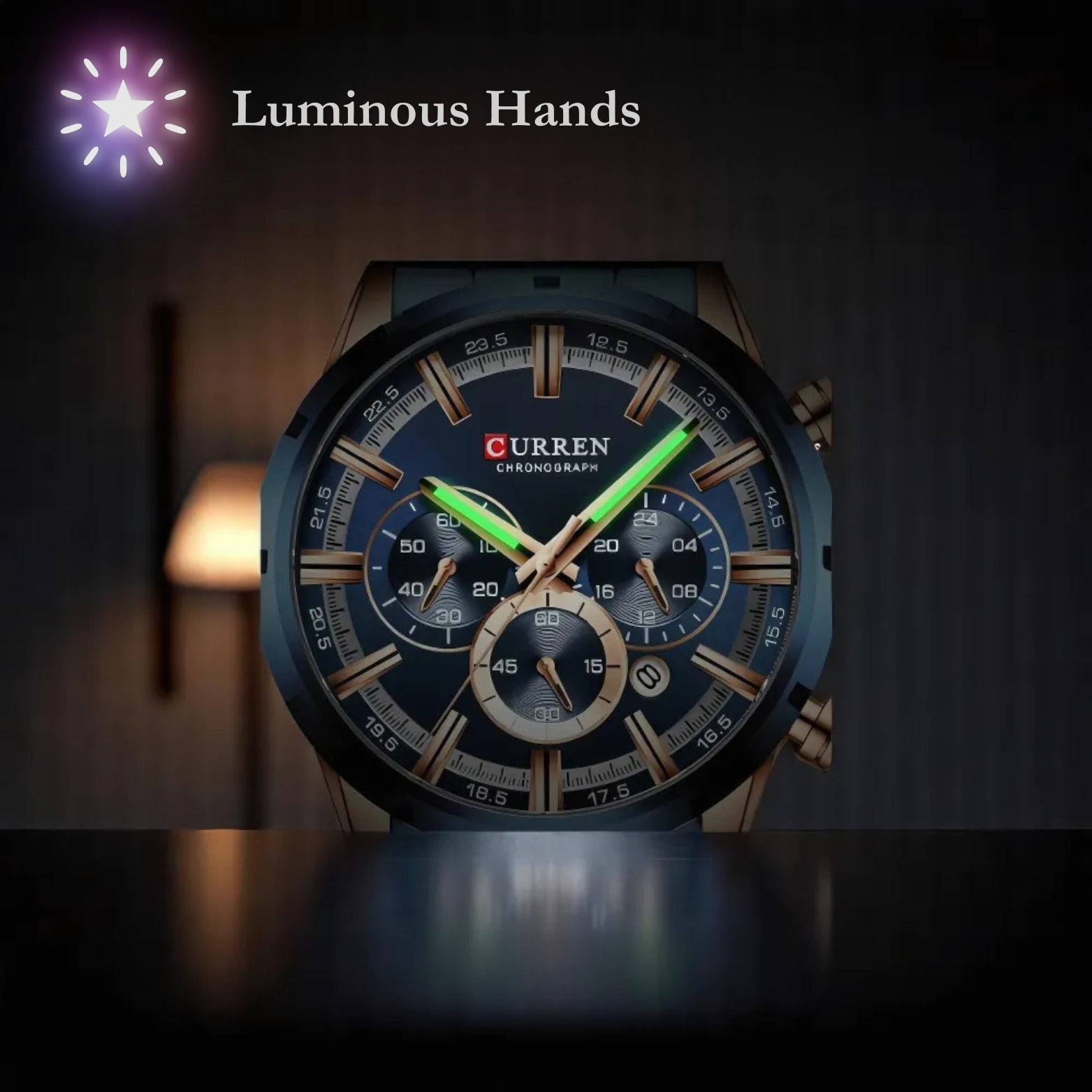 Demonstration of Curren watch luminous hands glowing in the dark for night visibility