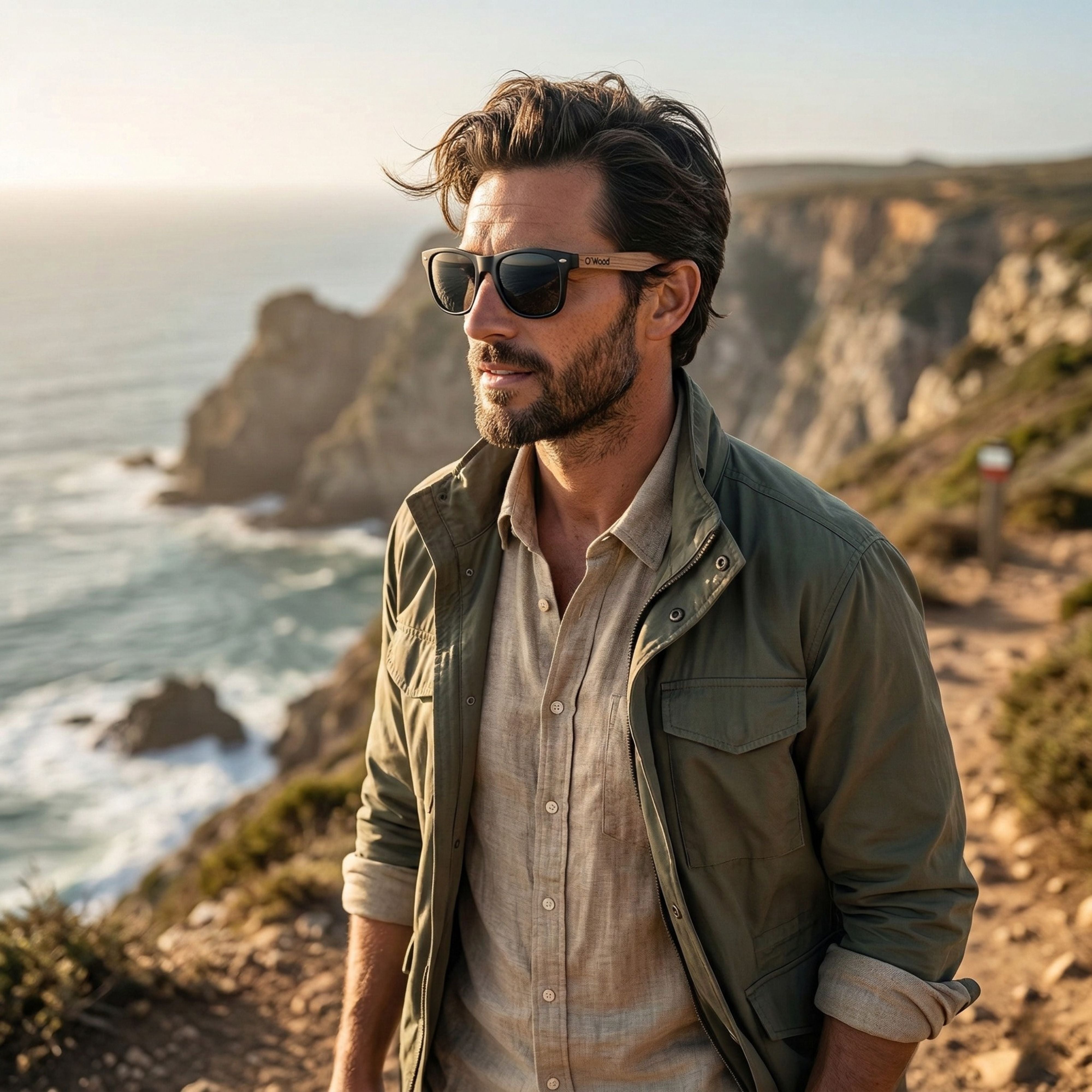 Man wearing durable wooden sunglasses while hiking outdoors