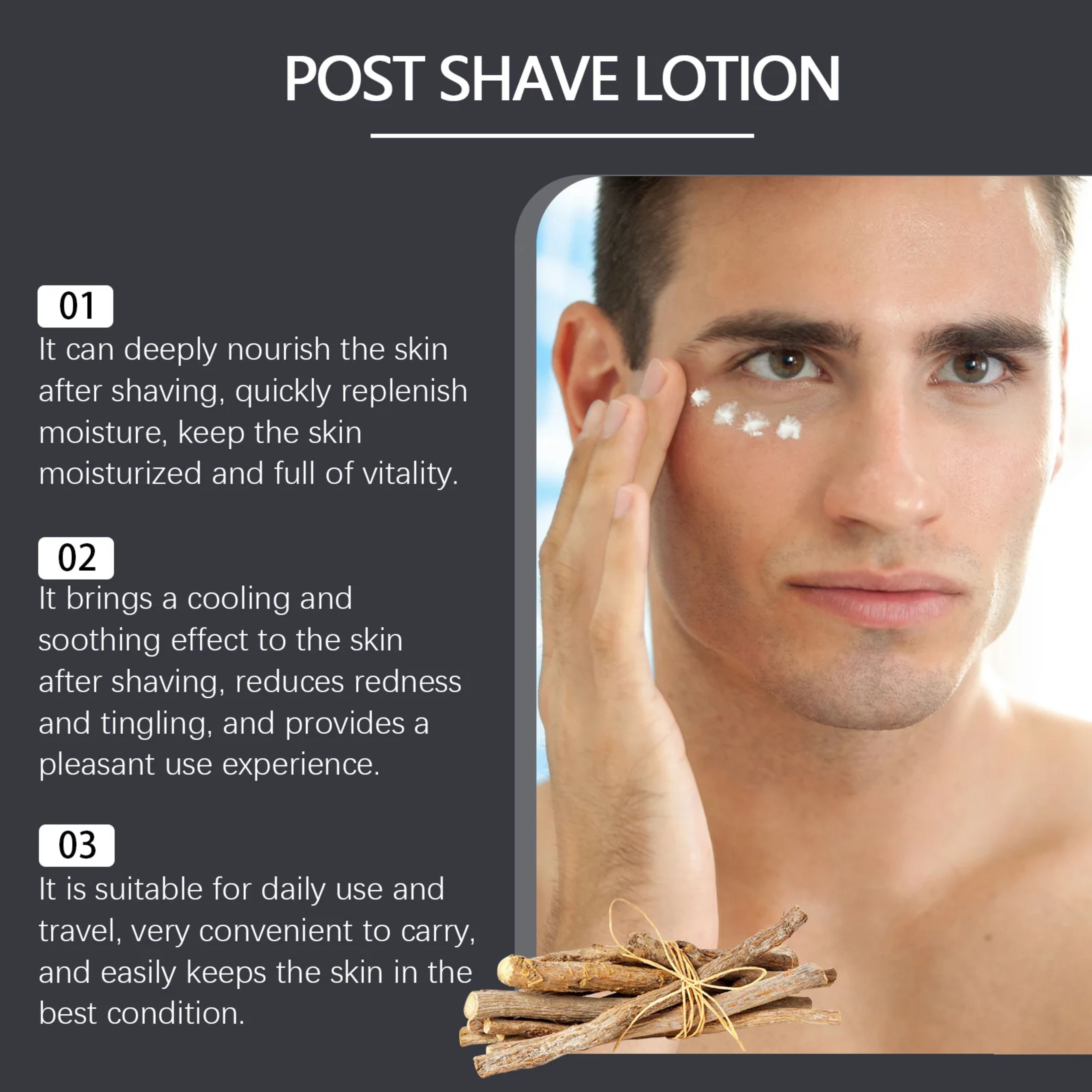 Detailed list graphic highlighting how the aftershave lotion reduces redness, cooling down skin stinging, and replenishes moisture