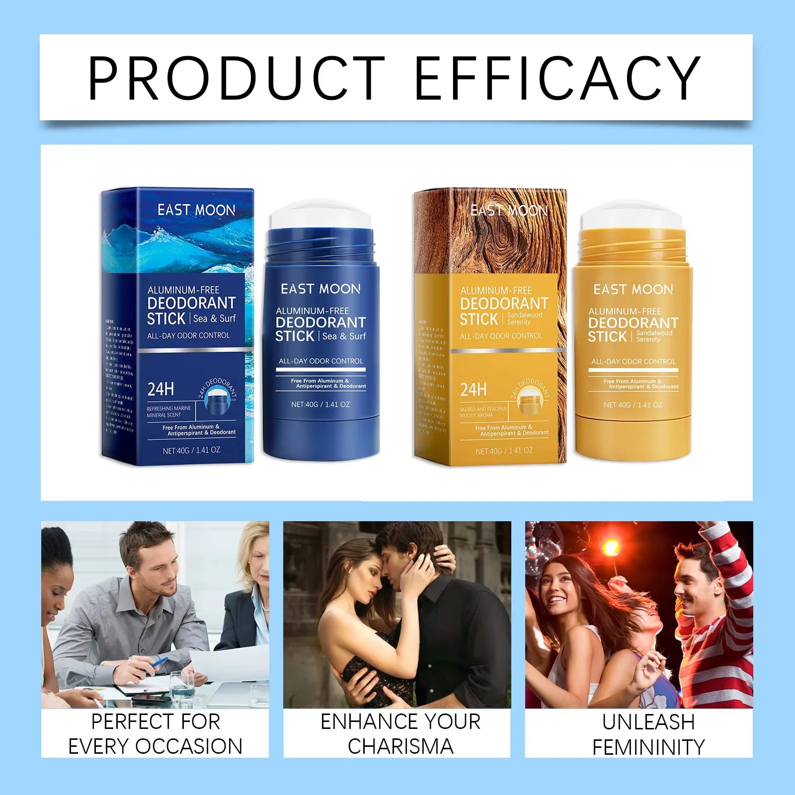 Product efficacy banner showing blue ocean and yellow sandalwood East Moon deodorant sticks next to lifestyle scenes for business meetings, dating, and social parties
