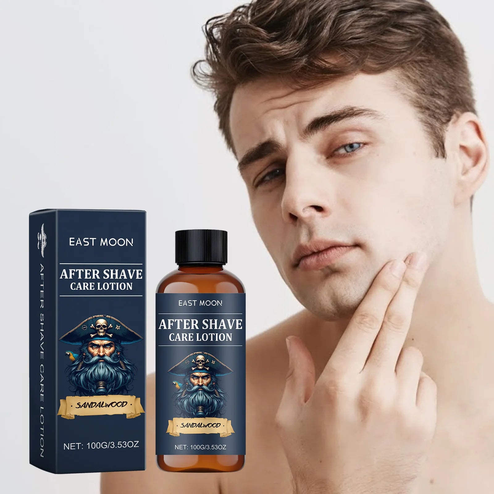 A thoughtful looking young man next to a product shot of the East Moon Sandalwood aftershave lotion and box