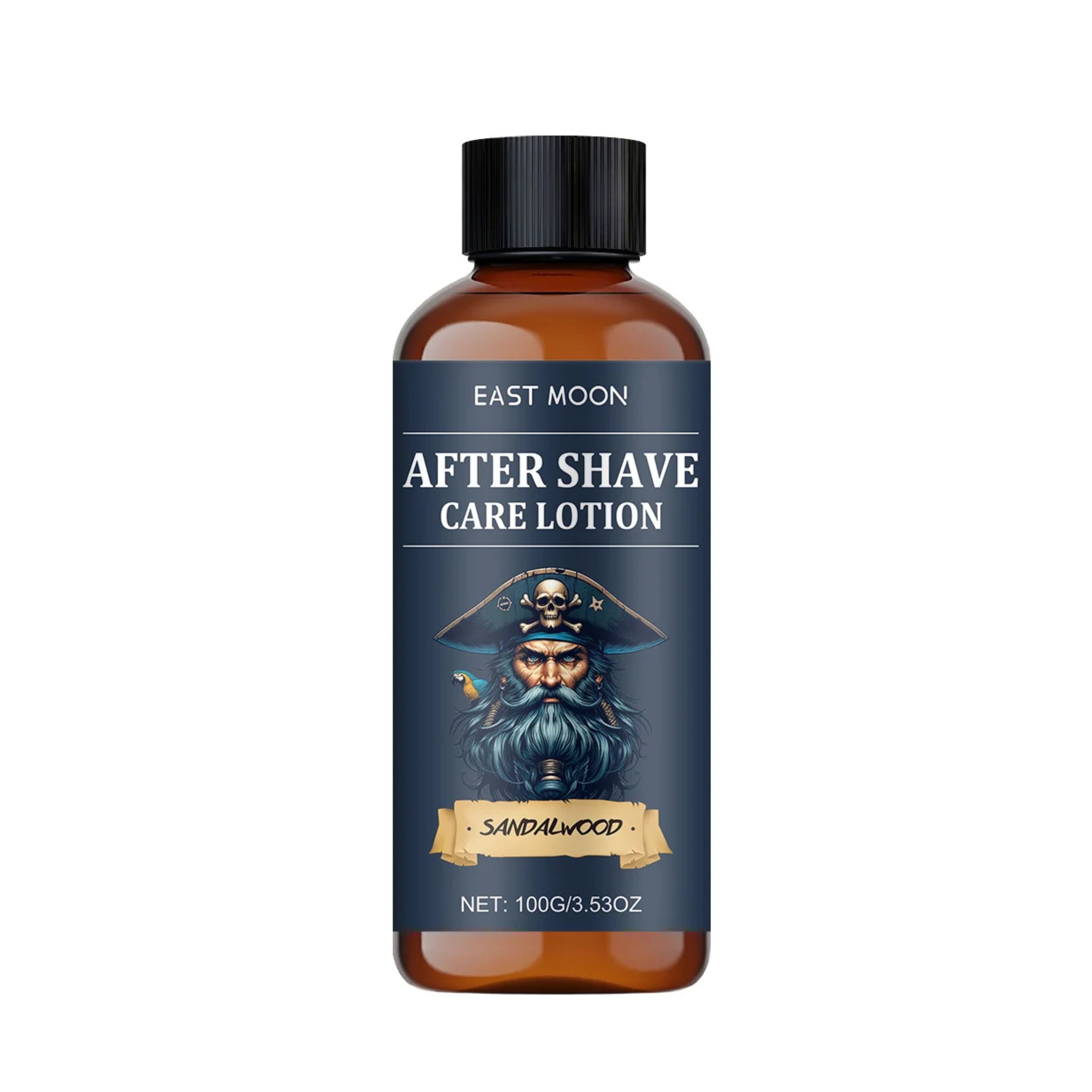 100ml amber bottle of East Moon After Shave Care Lotion with a dark blue pirate-themed label and black cap