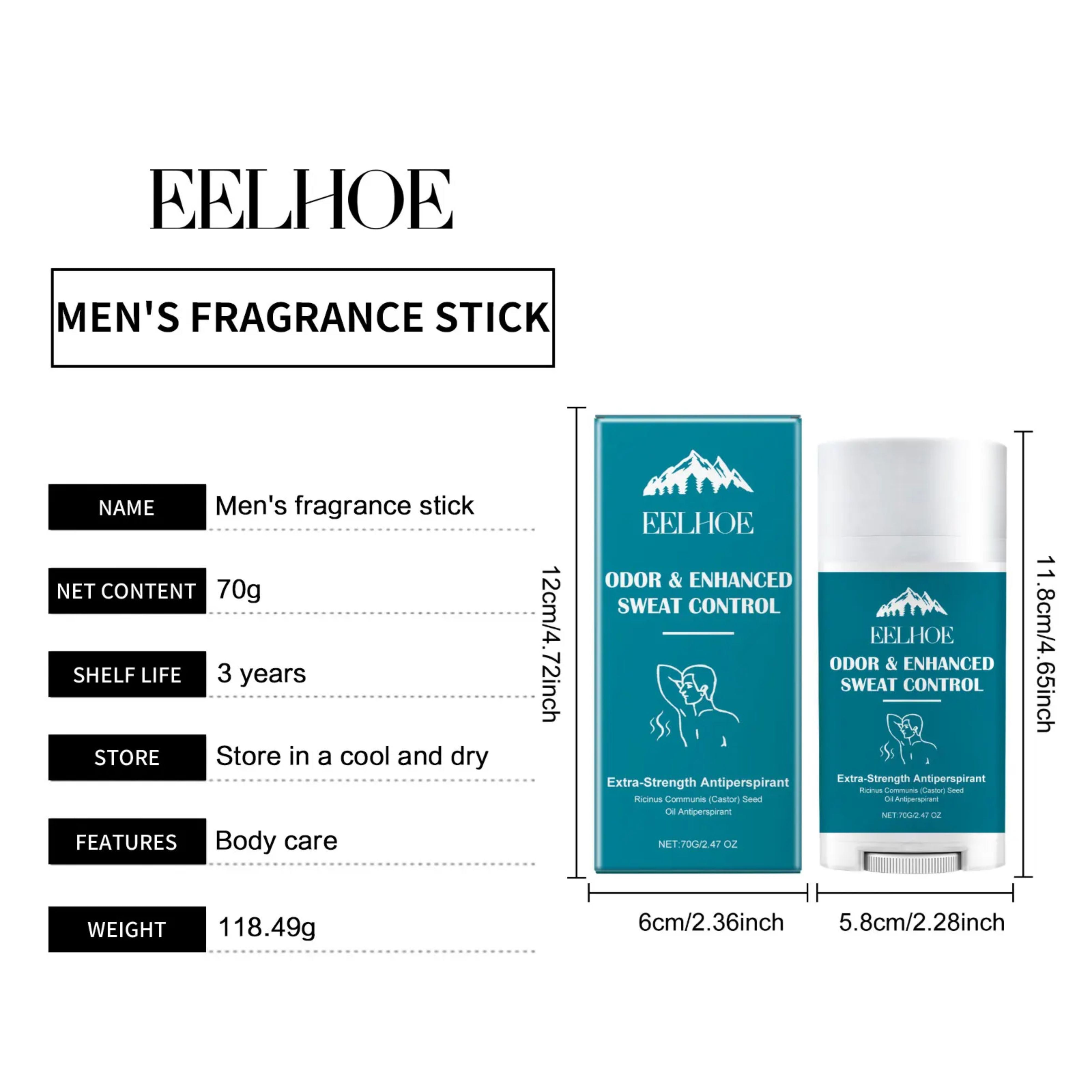 Technical dimension layout showing the exact width and height measurements of the EELHOE product box and stick