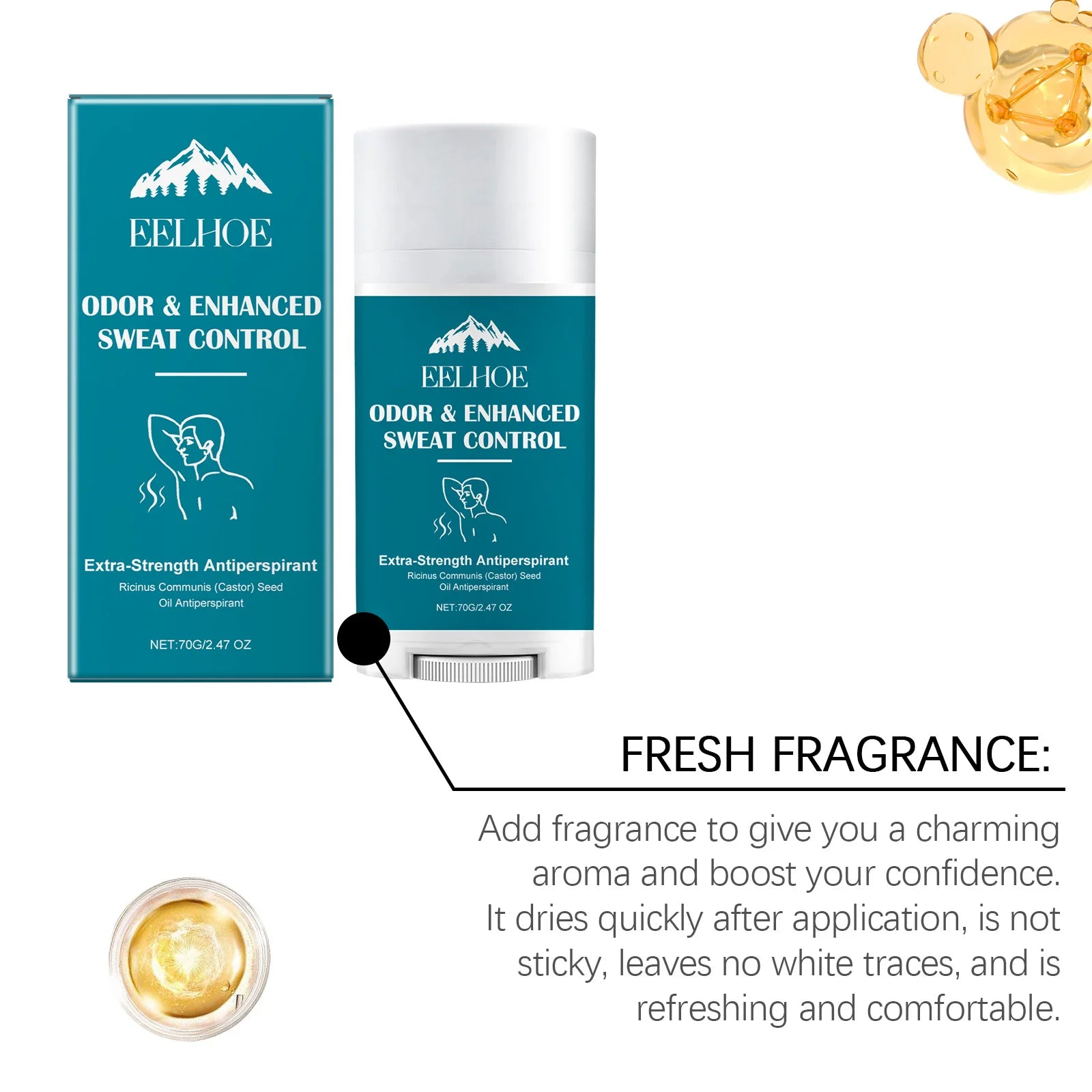 Product packaging overview promoting a clean aroma that dries quickly, leaving zero white residue after application