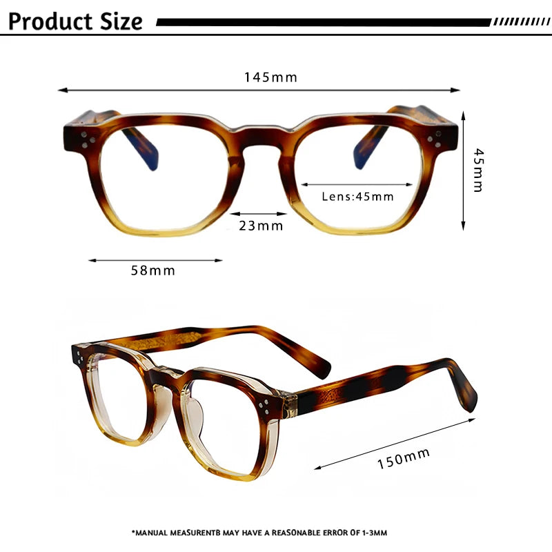 Technical diagram showing the width, height, and length measurement dimensions of the eyeglass frames.