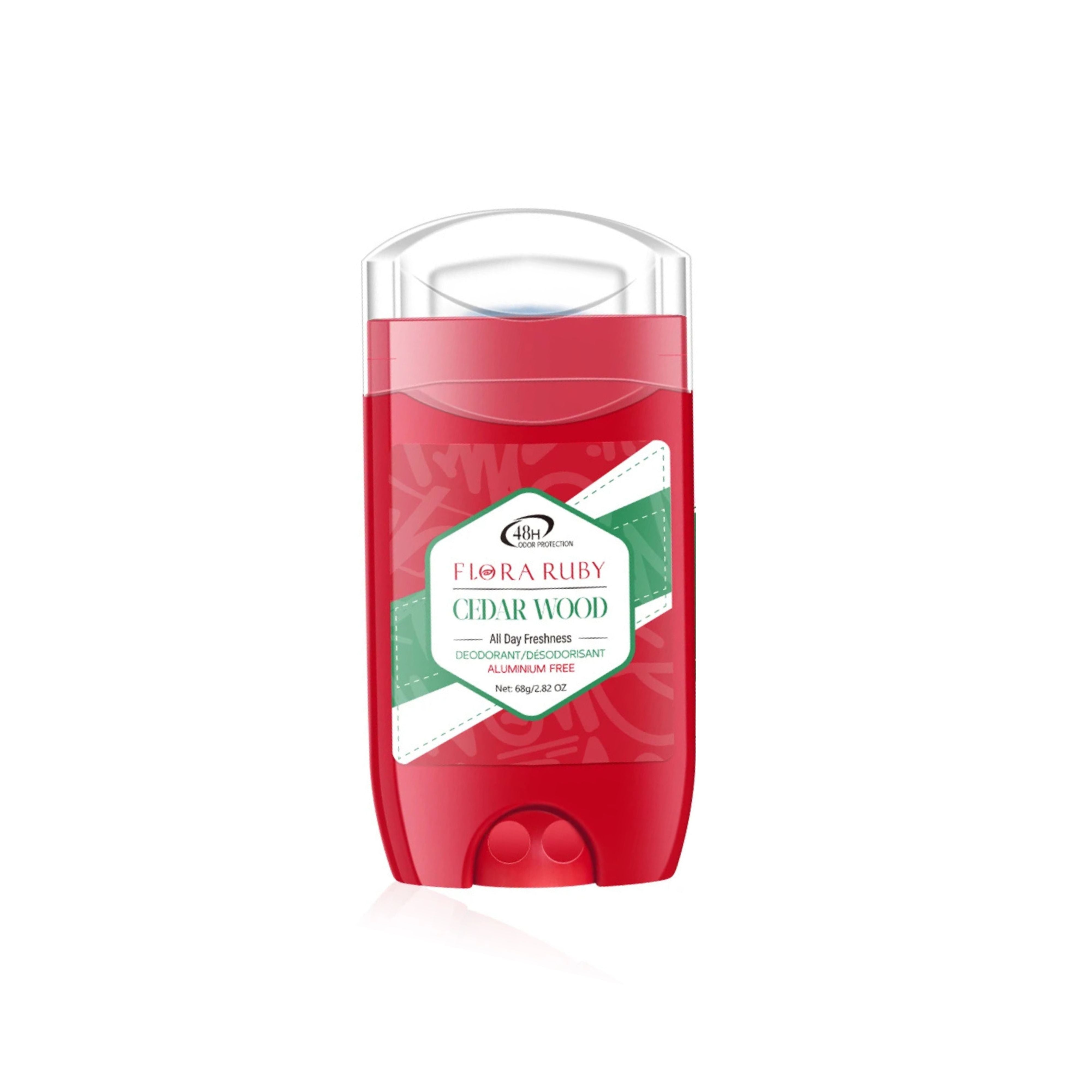 Single red Flora Ruby Cedarwood deodorant stick with green label detailing body odor remover features