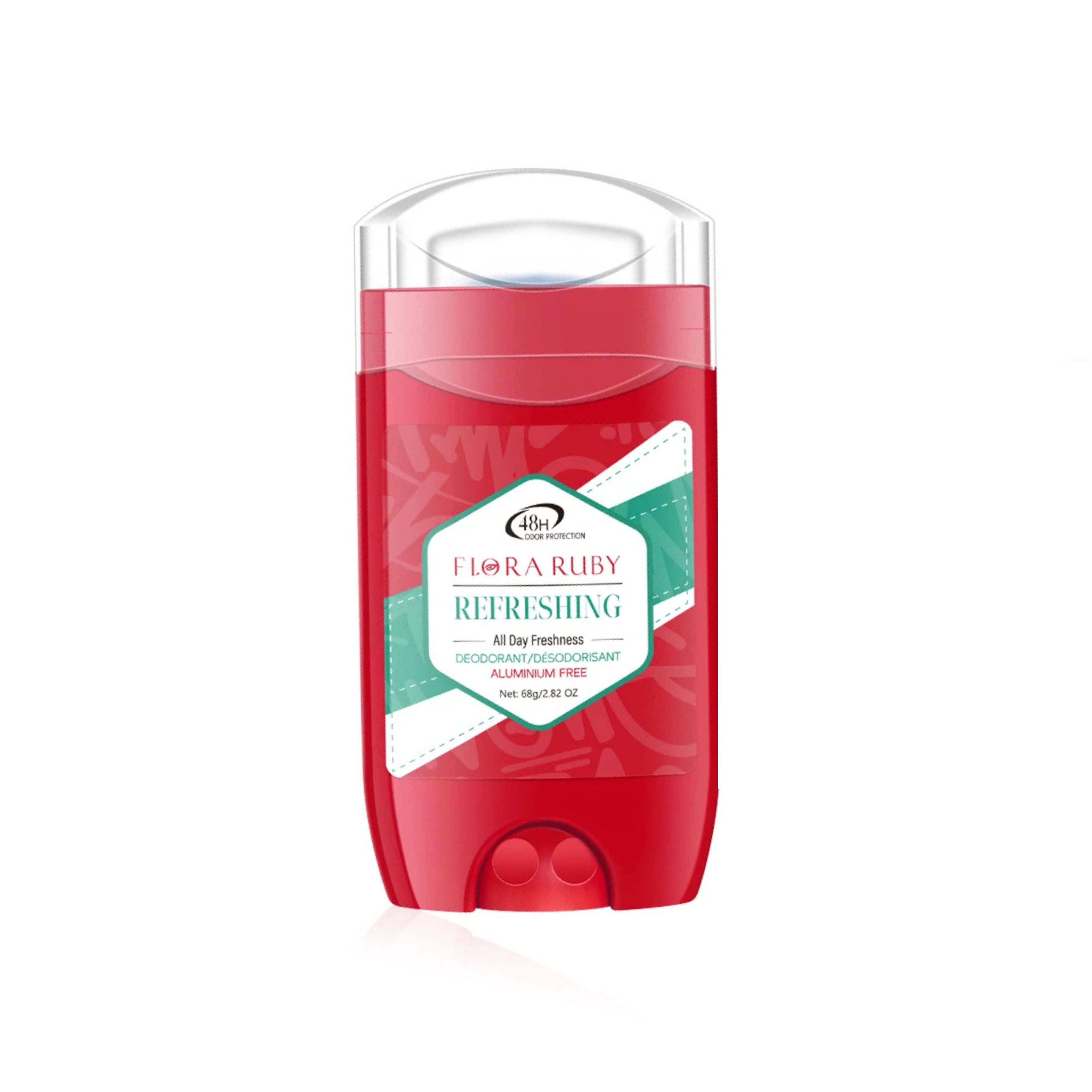 Single red Flora Ruby Freshing deodorant stick showing clean, long-lasting underarm protection