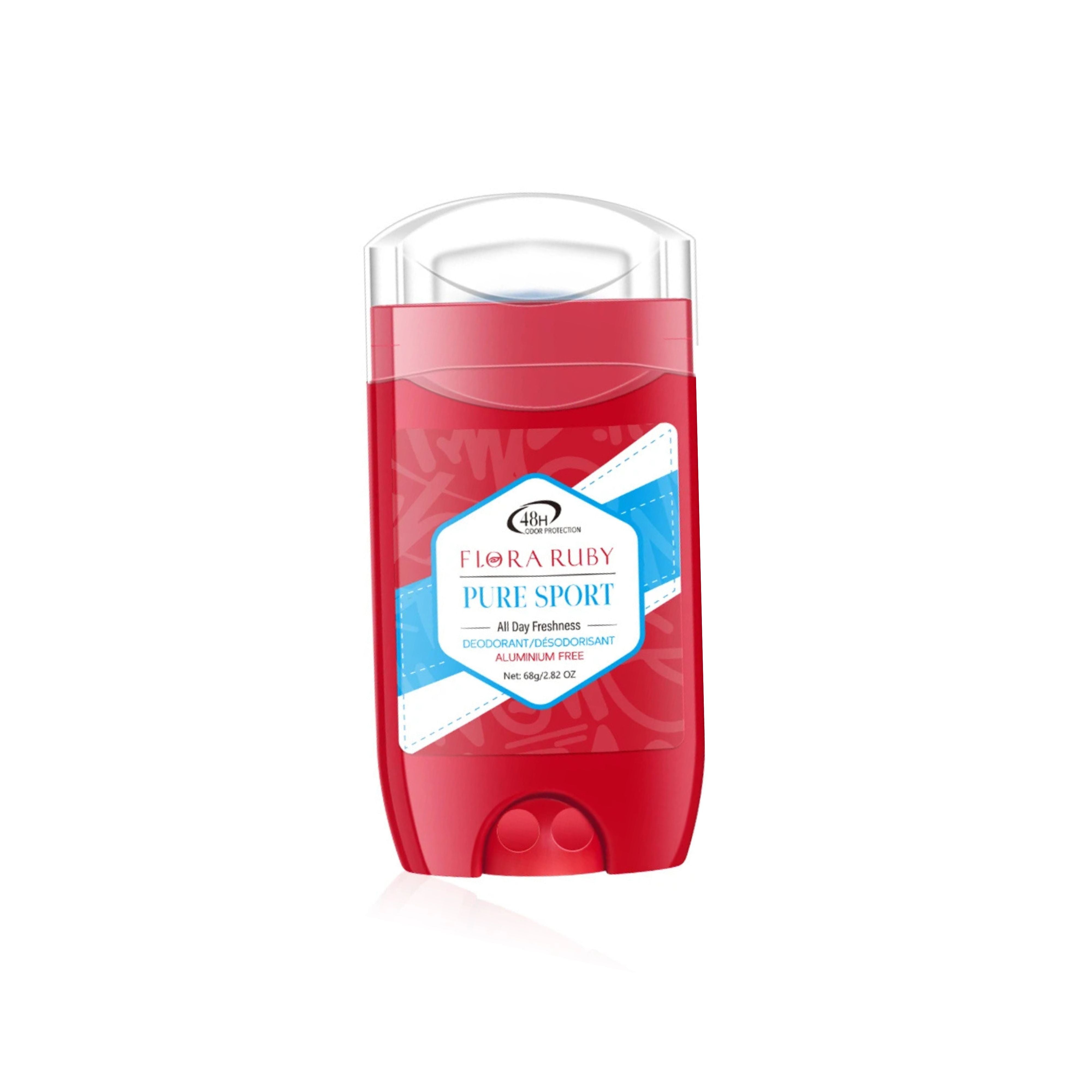 Single red Flora Ruby Pure Sport antiperspirant deodorant stick with a blue label for athletic sweat defense