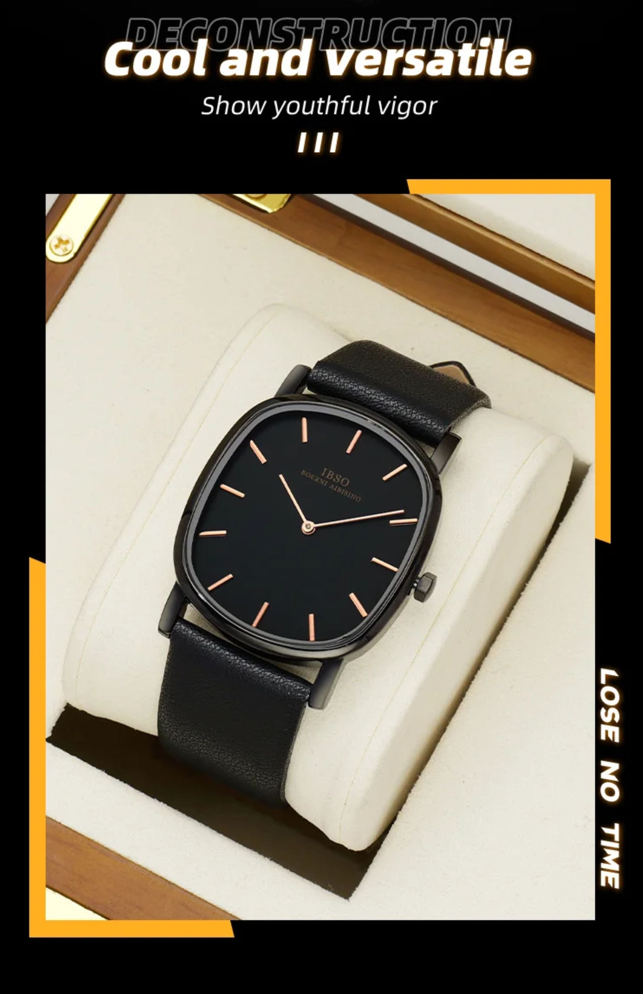 The all-black IBSO minimalist watch displayed elegantly inside a luxury gift box, highlighting its cool and versatile style.