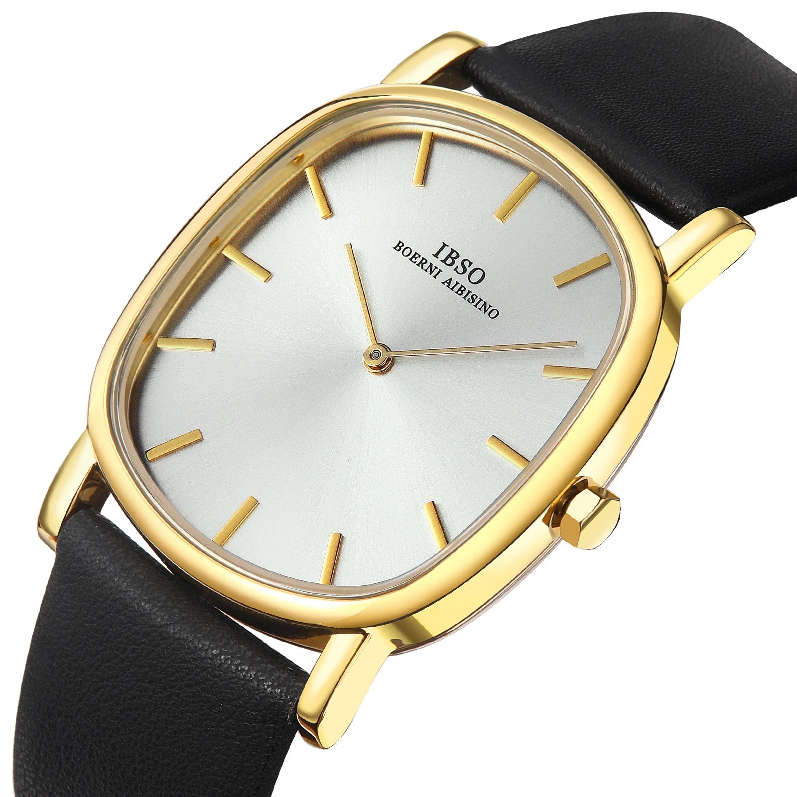 Angled close-up of the IBSO minimalist watch featuring a gold irregular cushion case, white dial, and black leather strap.
