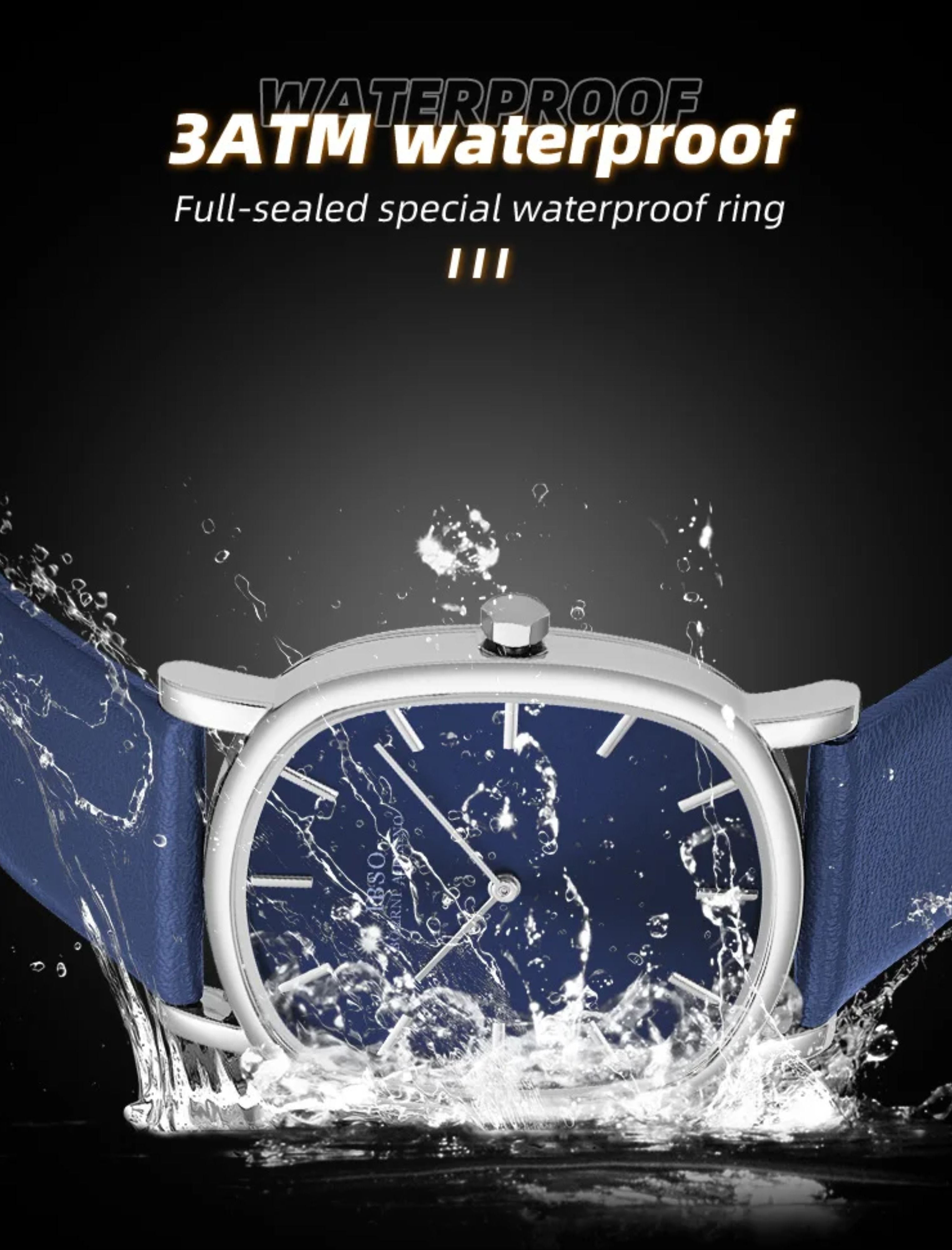 3ATM waterproof feature graphic showing the silver and blue IBSO minimalist watch splashing dynamically in water.