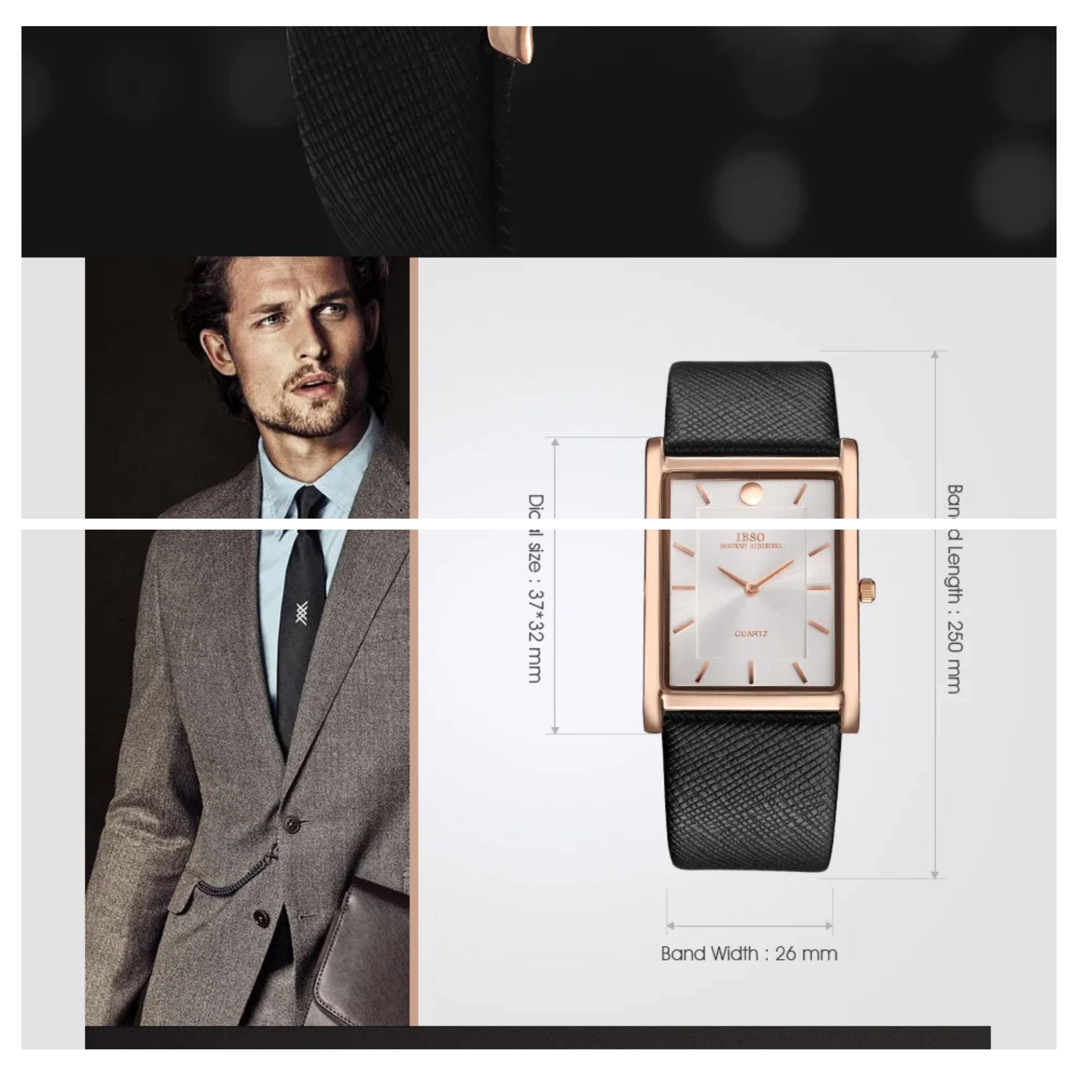 E-commerce banner displaying a male model in a tailored business suit next to a white-dial IBSO rectangular fashion watch