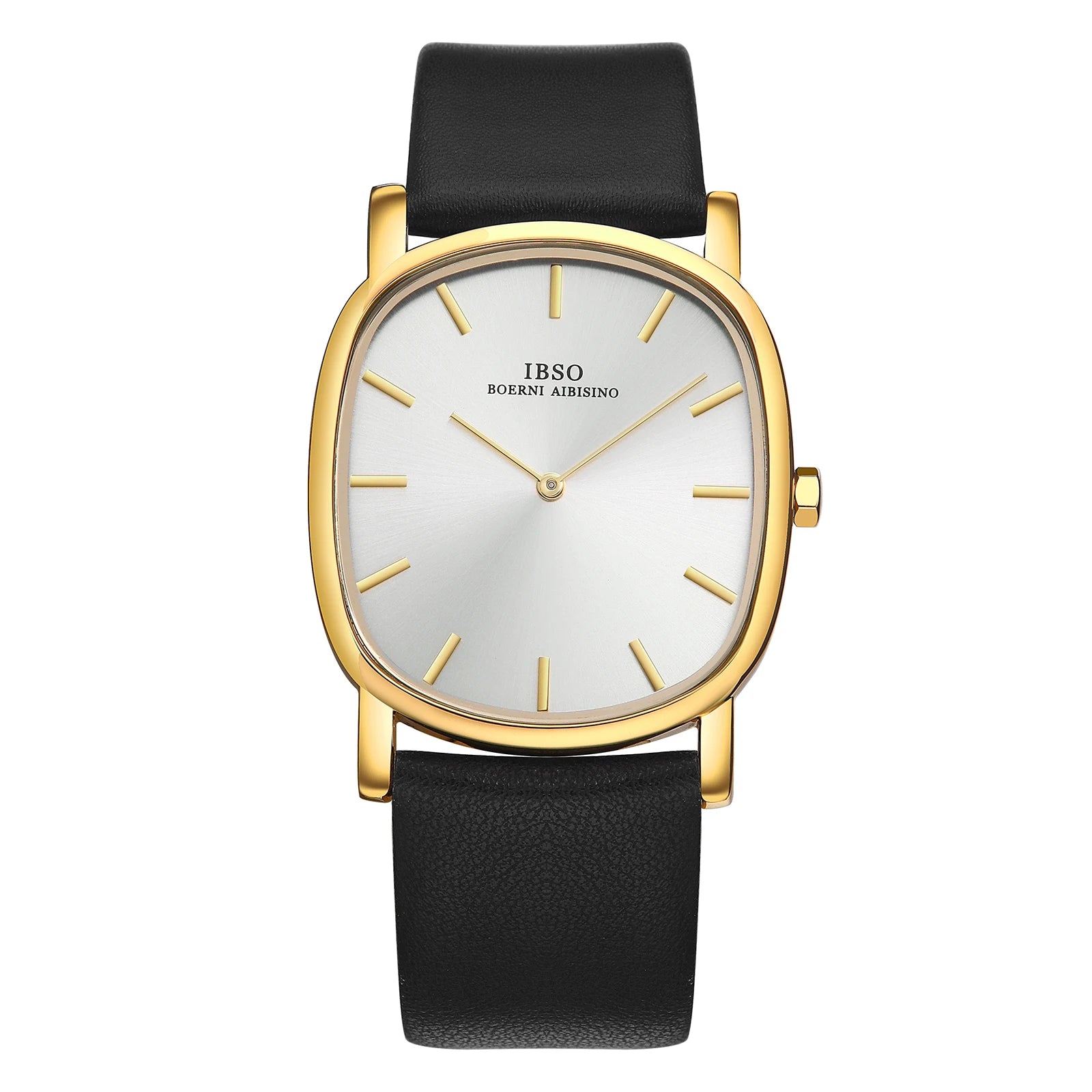IBSO minimalist men's watch featuring a gold irregular case, clean white dial with simple indices, and a black leather strap.