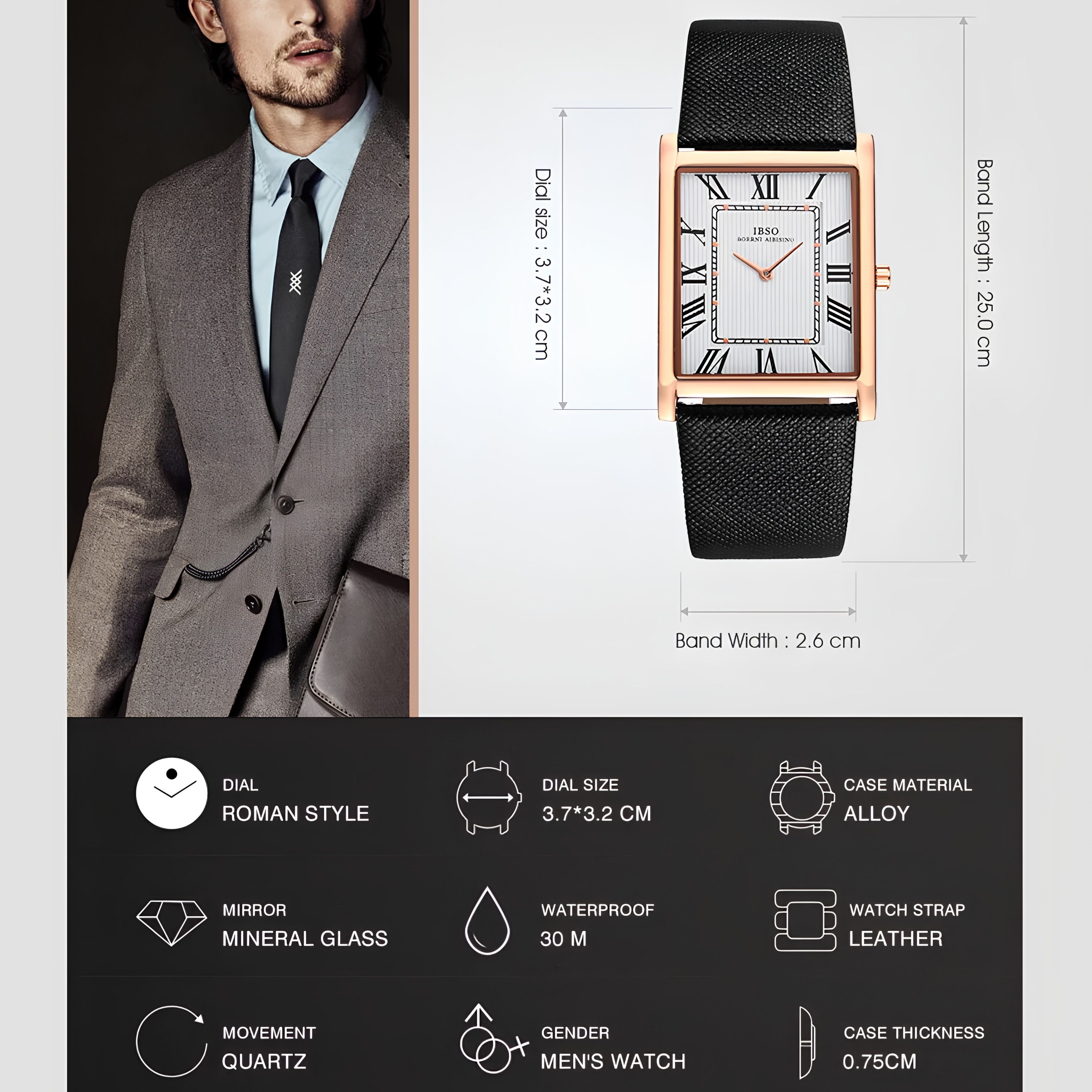 E-commerce dimension diagram showing a men's IBSO rectangle watch technical measurements layout paired with a model wearing a grey business suit