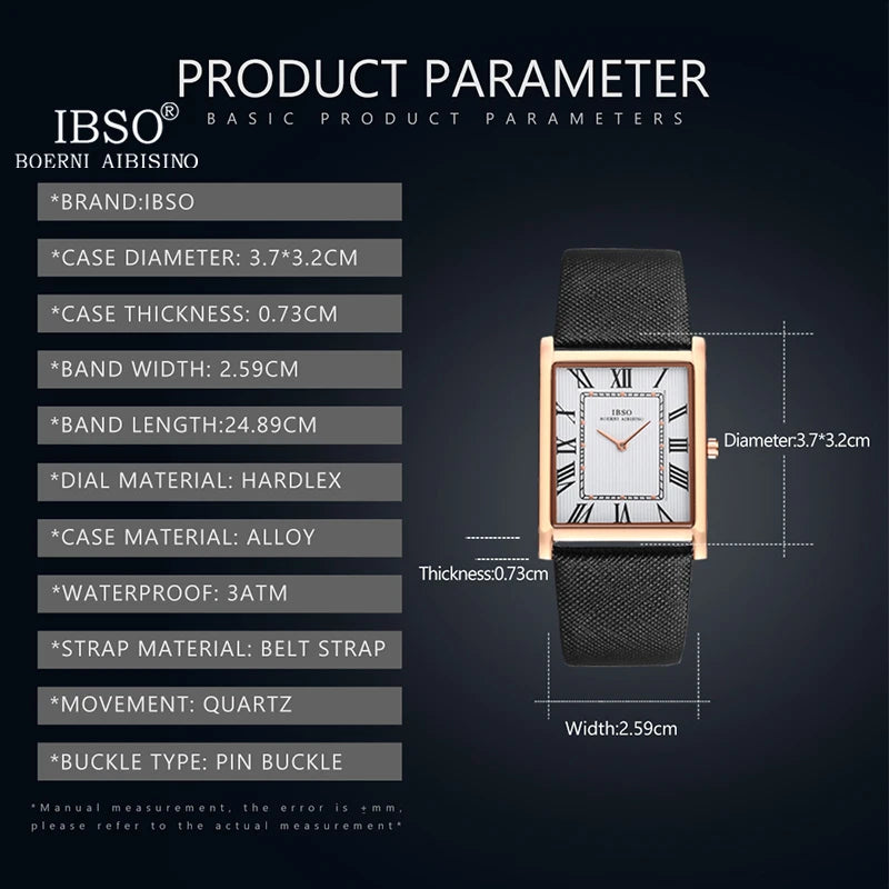Technical specification infographic labeled Product Parameter detailing the case thickness, dial width, and 3Bar water resistance depth of the IBSO watch
