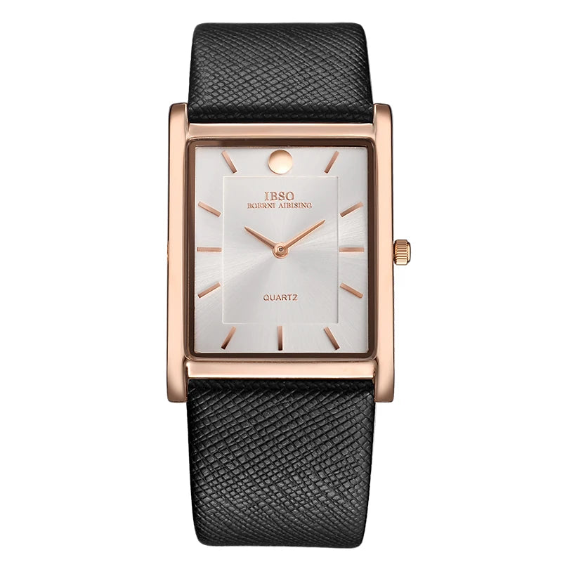 IBSO sleek square-rectangle men's watch showcasing a rose gold case, clean off-white minimalist face, and textured black leather strap