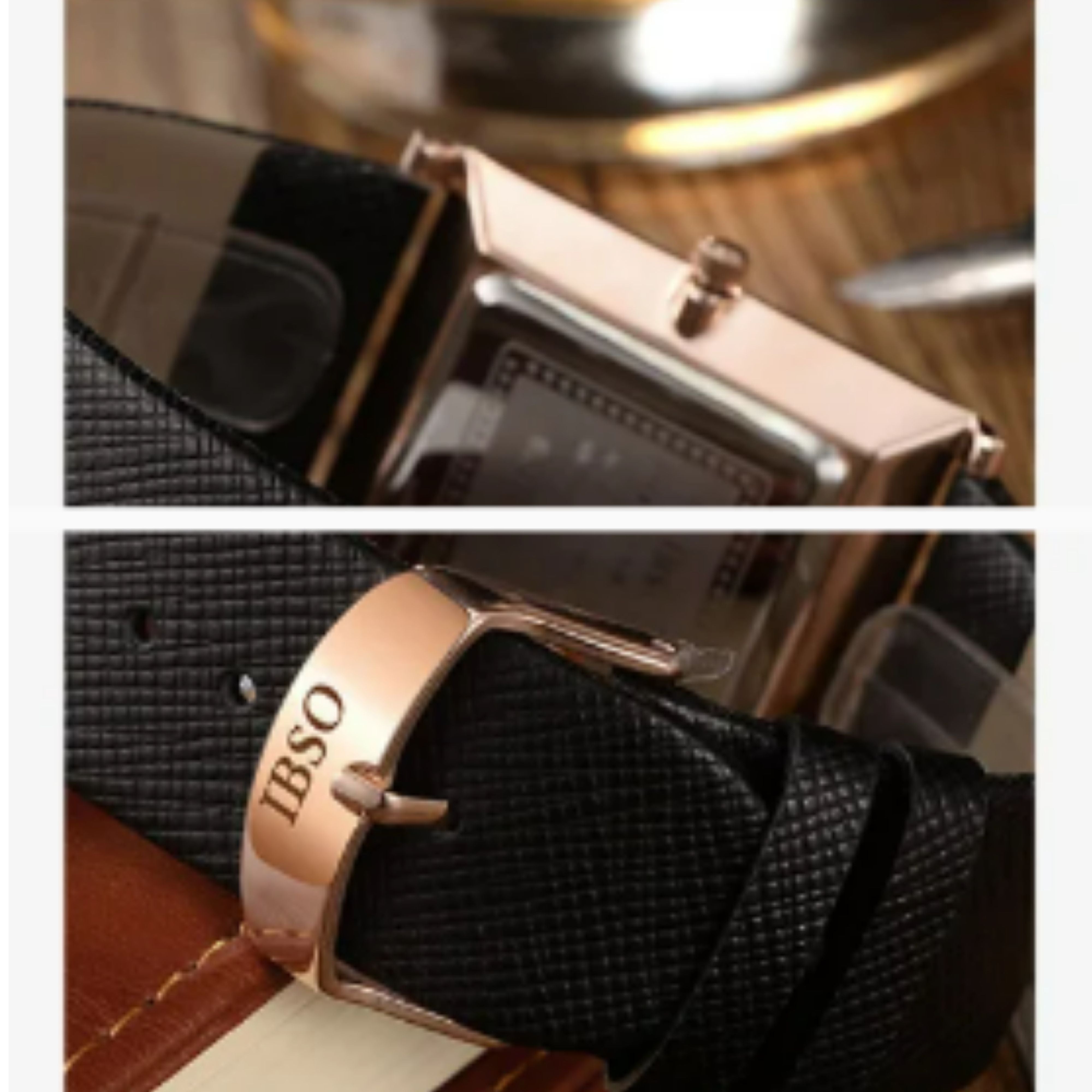 Macro close-up shot of the engraved rose gold buckle clasp and the subtle texture of the black genuine leather strap on an IBSO watch