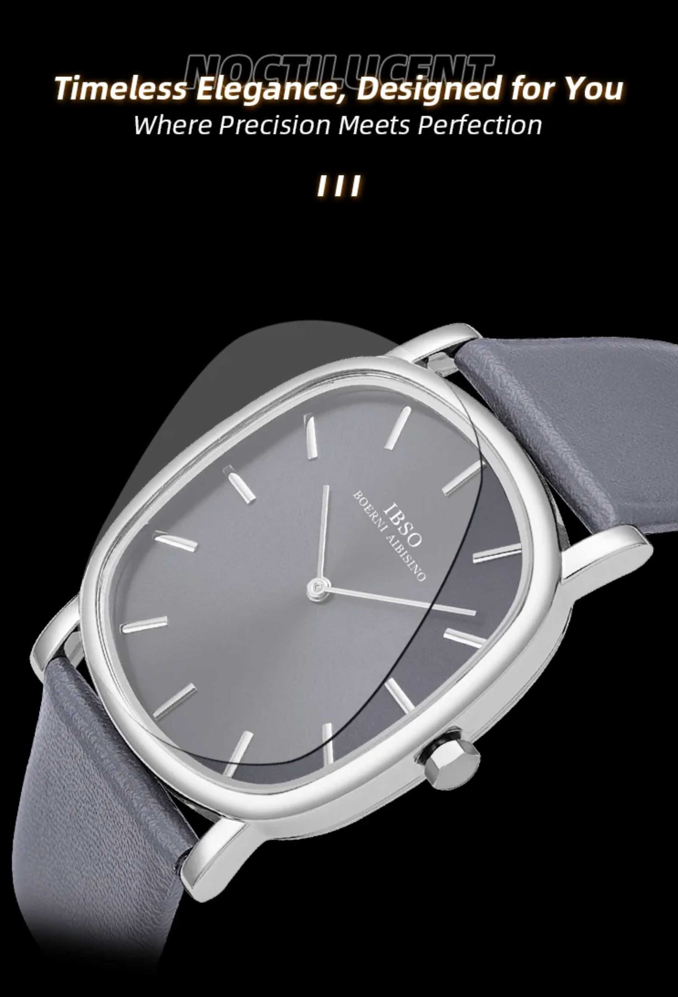 Timeless elegance promotional graphic highlighting the silver and grey IBSO irregular case watch on a dark background.