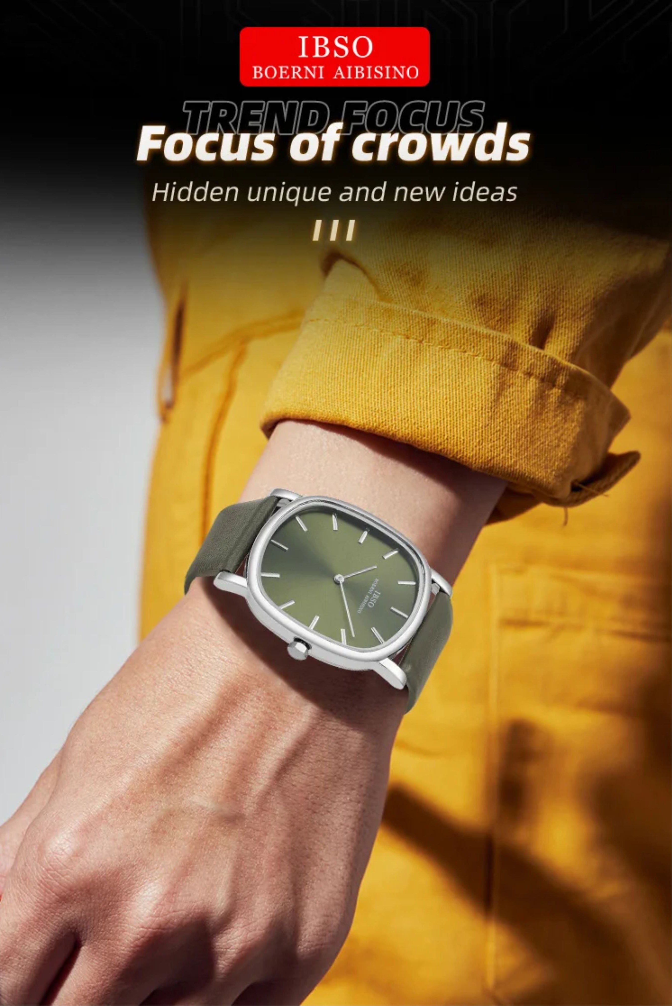 Model wearing the silver and olive green IBSO minimalist watch on the wrist, highlighting its unique cushion case design in a lifestyle setting.