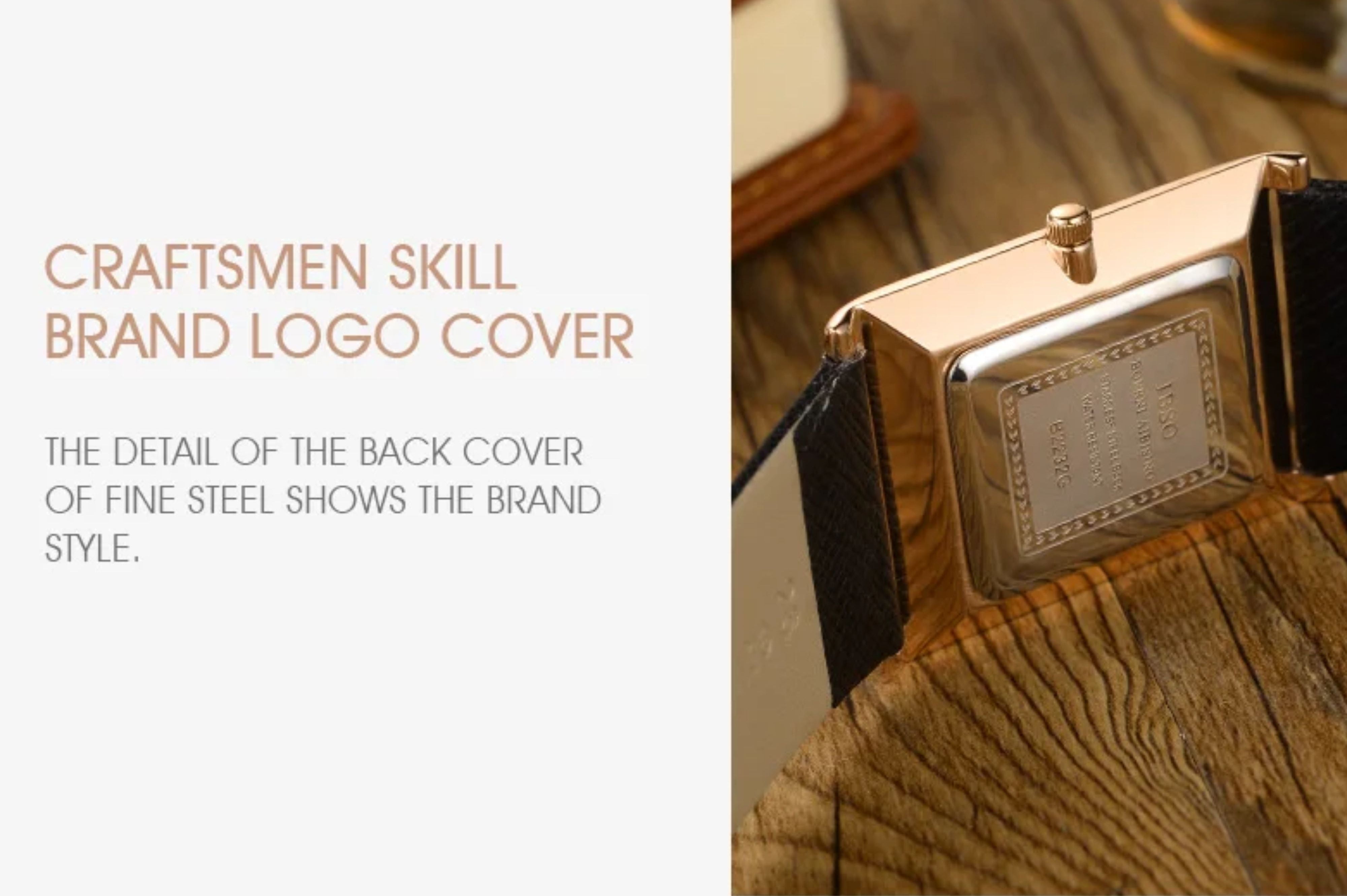 Brand graphic titled Craftsmen Skill Brand Logo Cover, showing a close-up angle of the stainless steel case back engraving on the IBSO rectangular watch