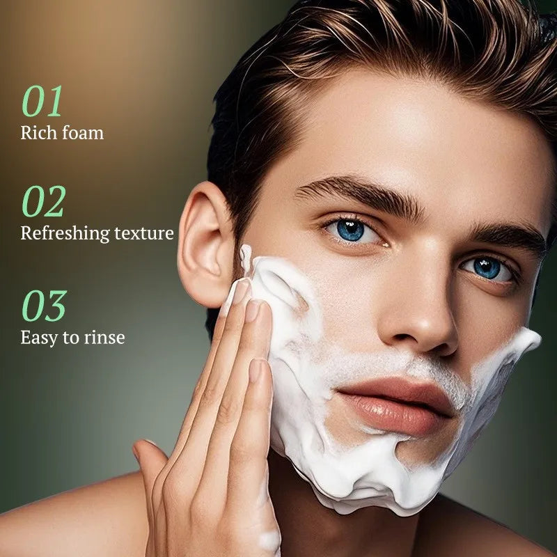 Man applying foam to his face with text highlighting rich foam, refreshing texture, and easy to rinse formula