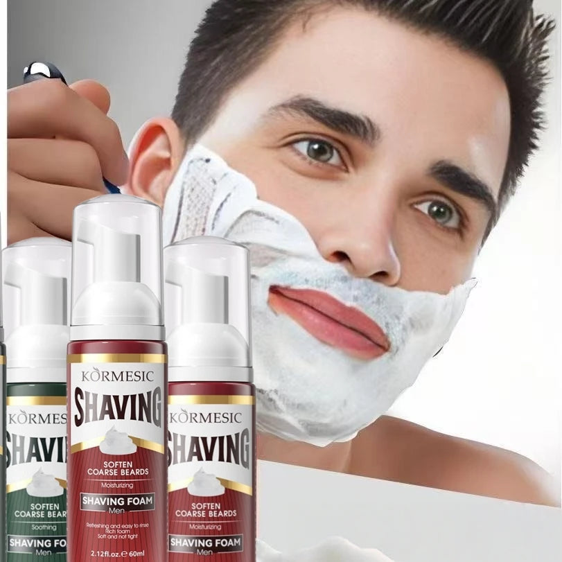 Kormesic shaving foam green soothing and red moisturizing variants displayed next to a man shaving
