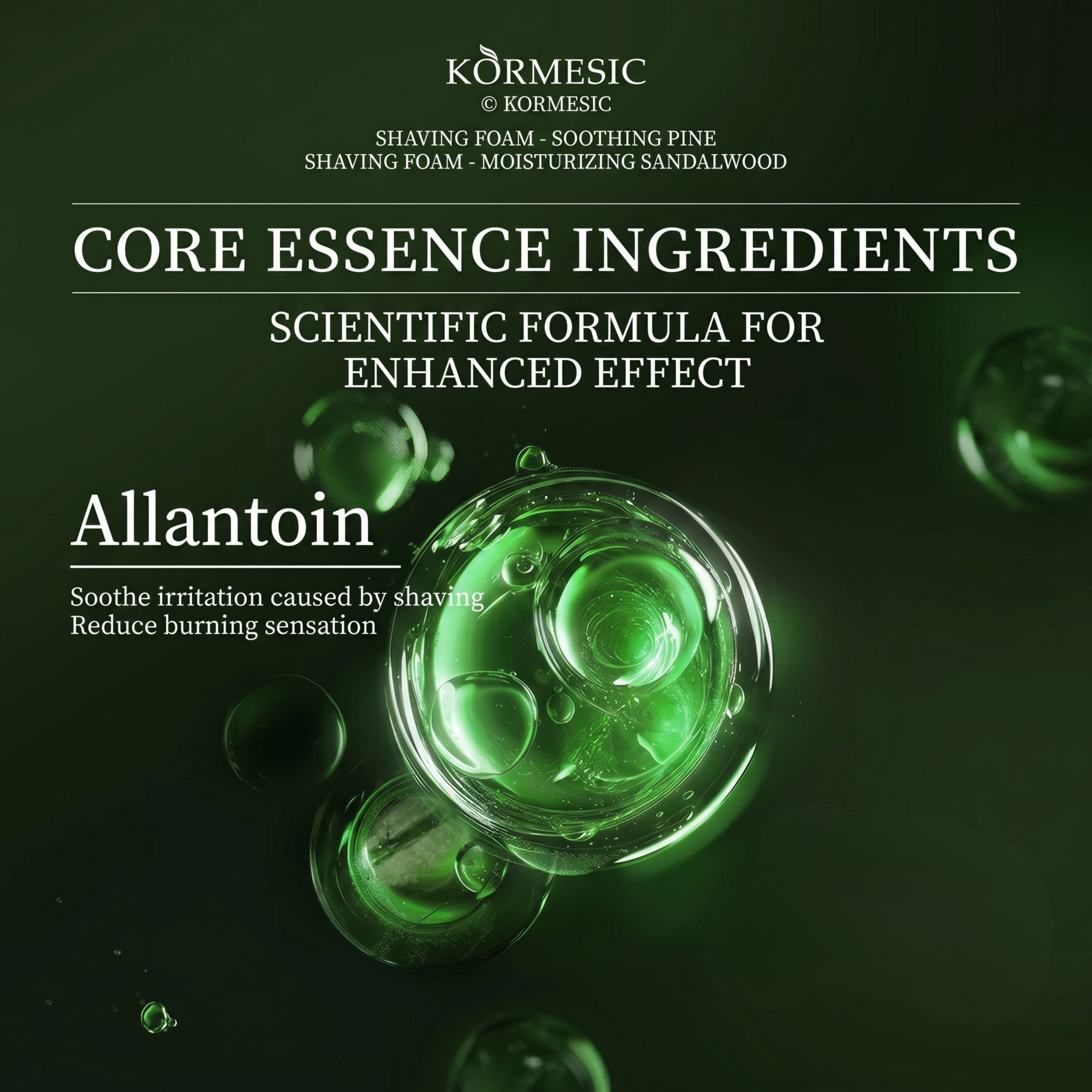 Scientific infographic showcasing Allantoin as the key soothing ingredient in Kormesic green shaving foam