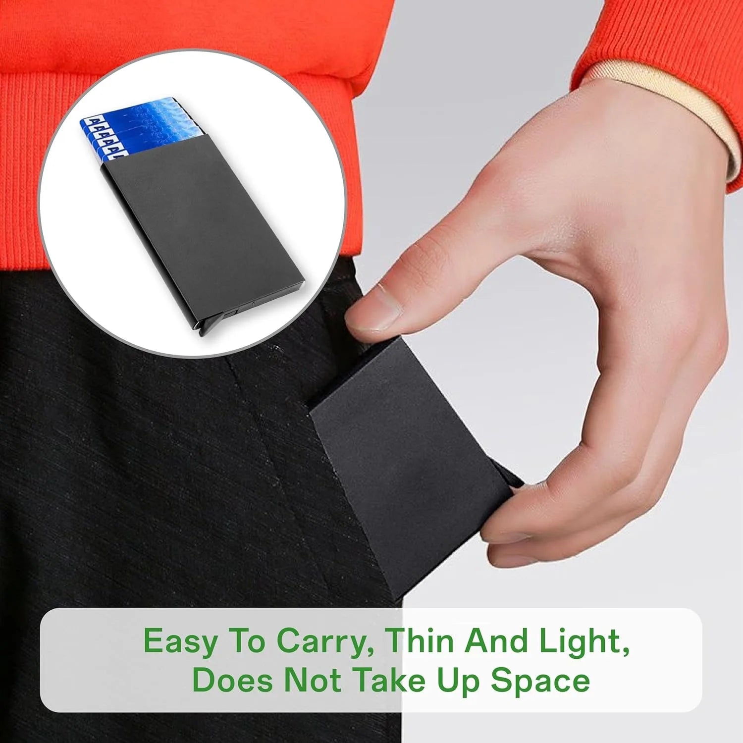 A person sliding the ultra-thin ZeAiLi metal wallet into a front trouser pocket, captioned Easy to Carry, Thin and Light, Does Not Take Up Space
