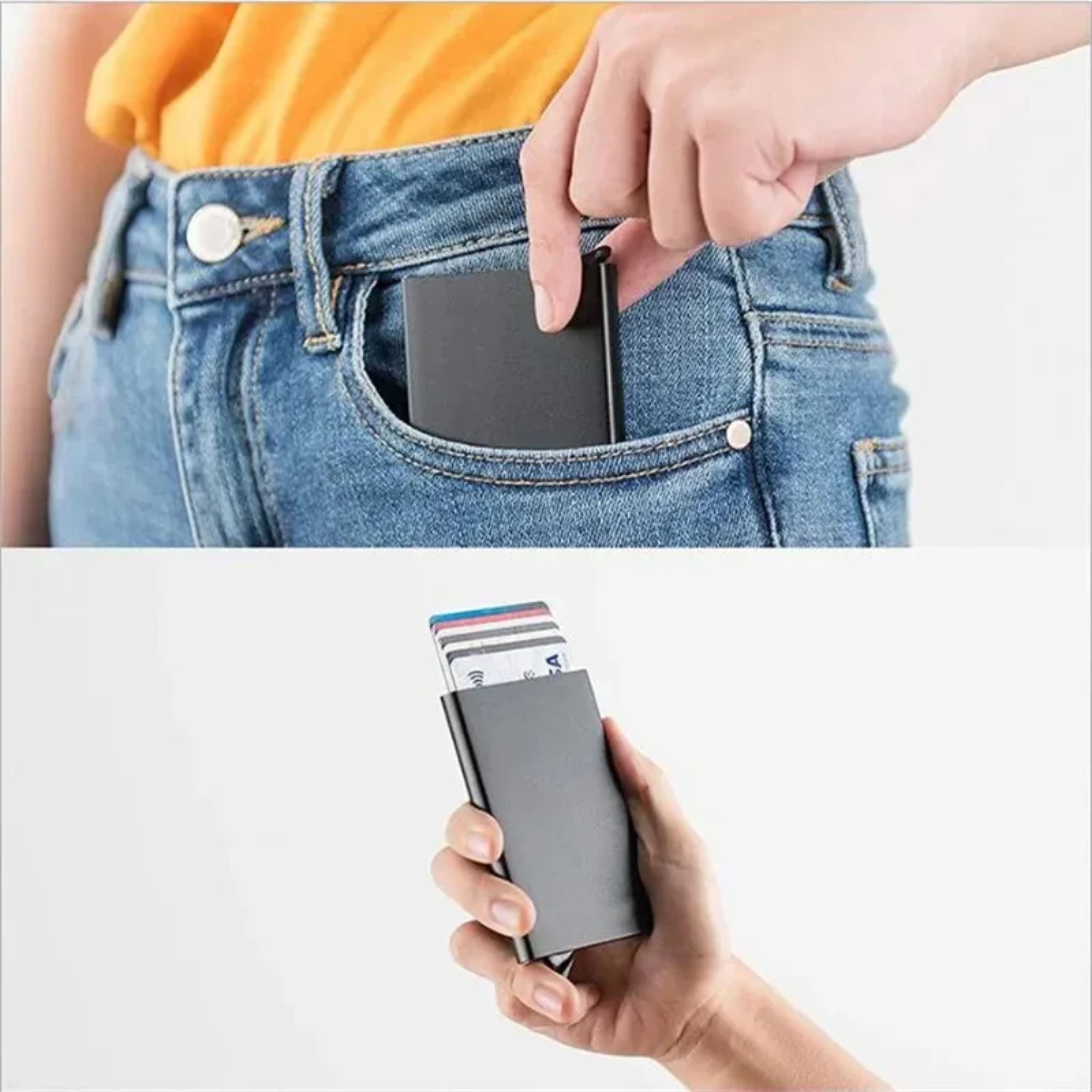 Two-part lifestyle image showing how easily the slim black card wallet glides out of a front pocket and how comfortably it sits in a hand
