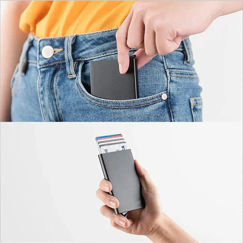 Split lifestyle image demonstrating the compact ZeAiLi wallet sliding seamlessly into a jeans coin pocket and the quick-access mechanism fanning out cards
