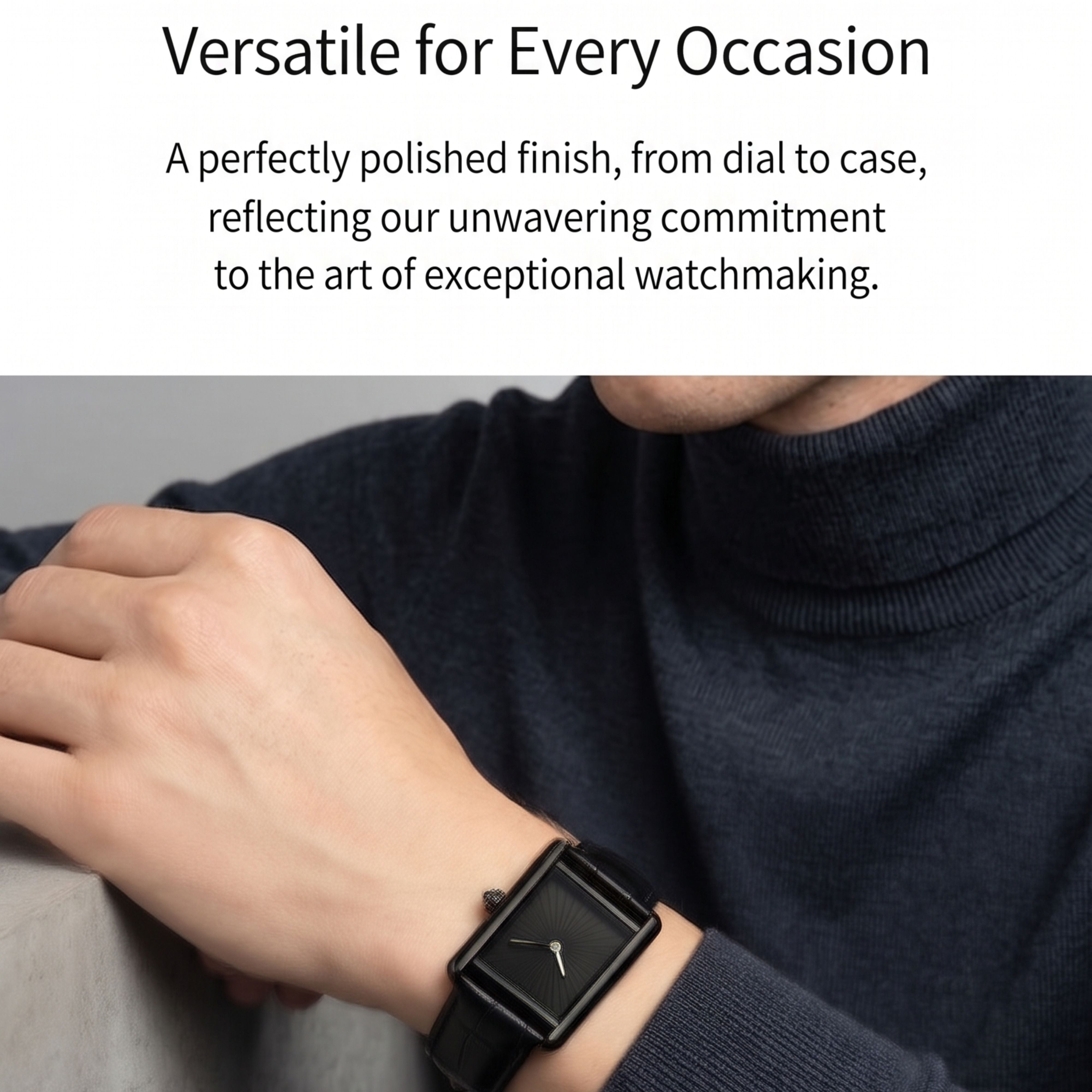 Man wearing an all-black square minimalist wrist watch with a black turtleneck sweater, highlighting everyday lifestyle versatility