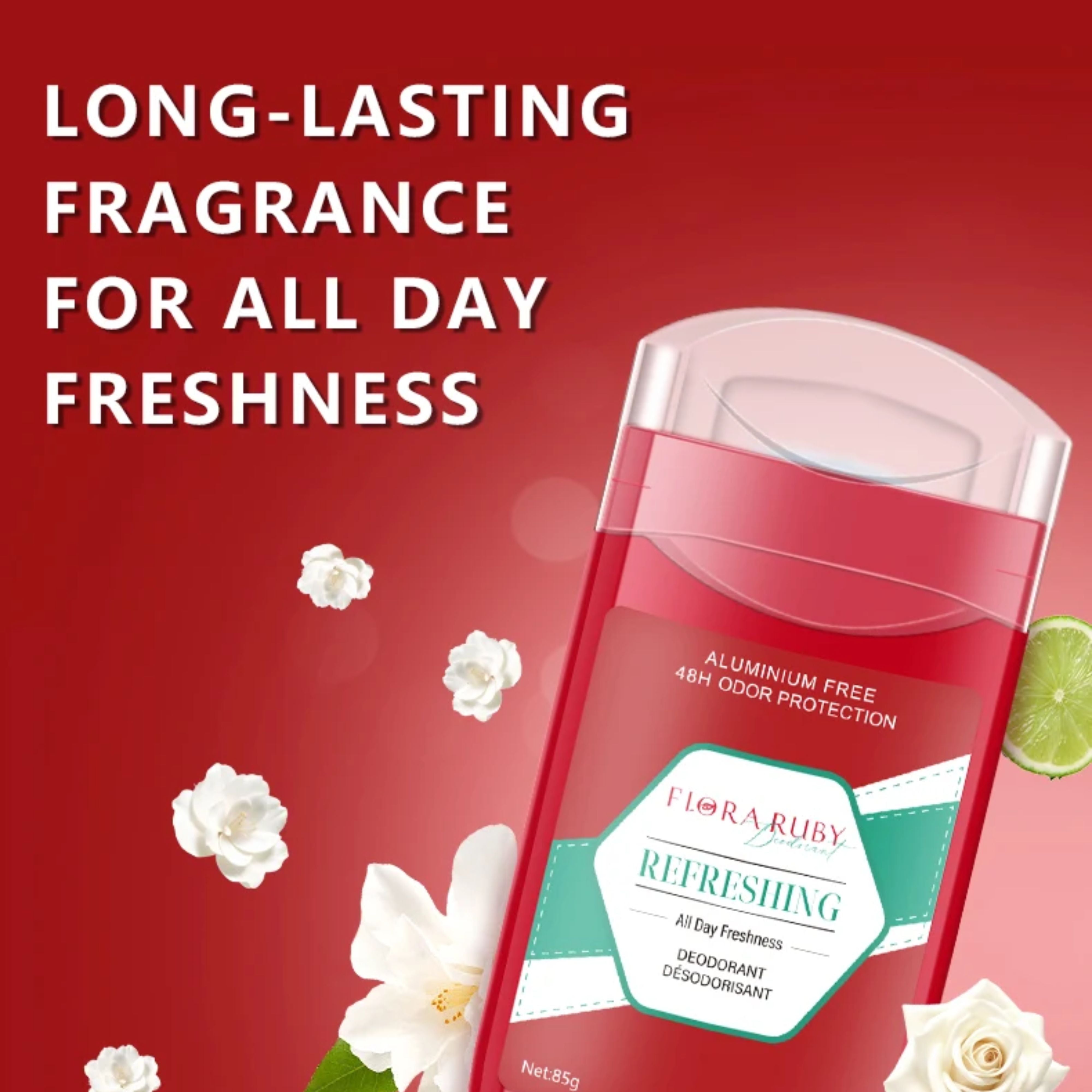 A close-up of a red deodorant stick surrounded by white flowers and citrus accents for all-day freshness