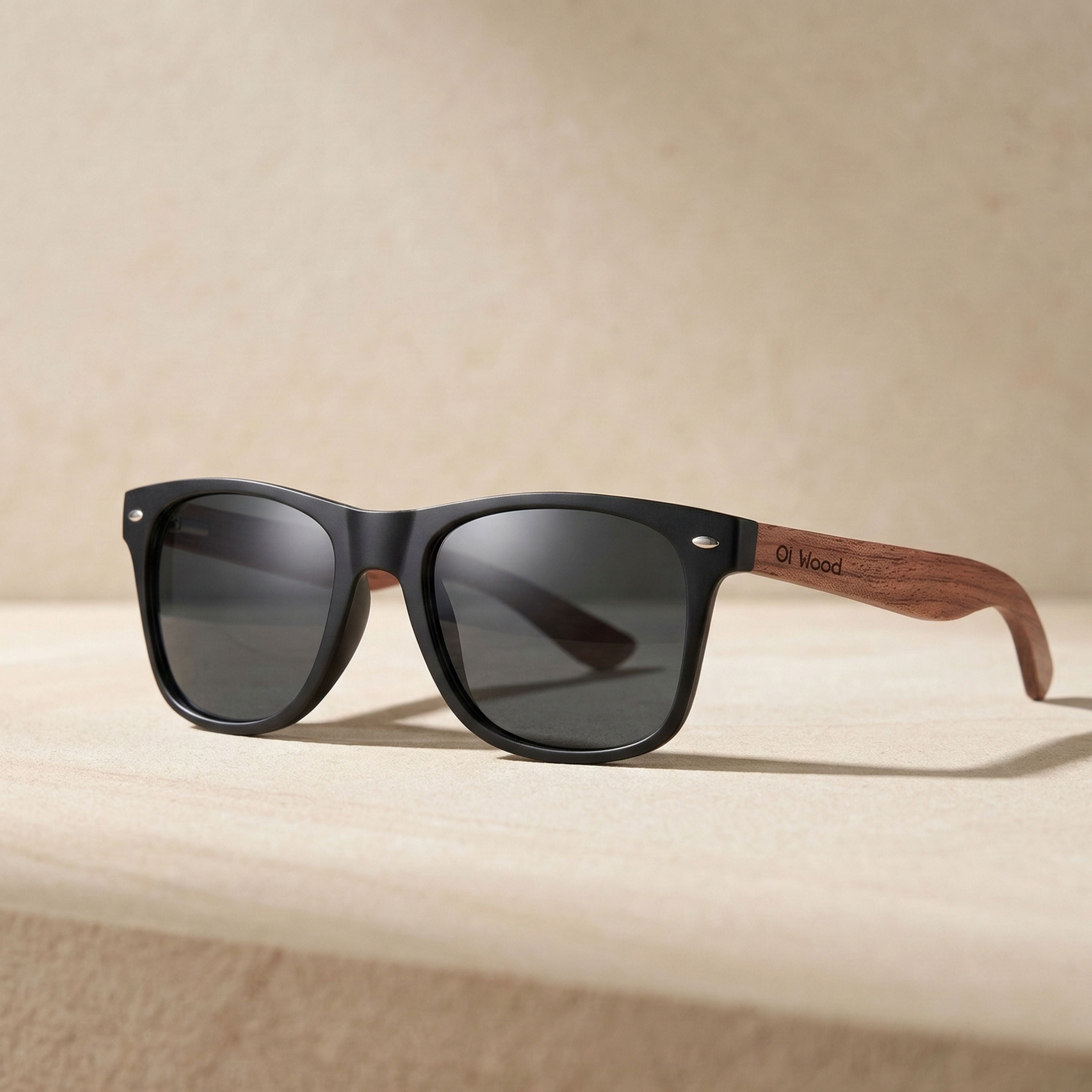 Premium wooden sunglasses displayed in minimalist luxury product photography style