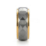 Meaeguet 8mm tungsten carbide ring for men featuring a geometric multi-faceted brushed silver exterior and polished gold step edges