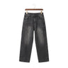 Front studio view of men's pleated micro flared jeans in a vintage dark gray washed denim on a wooden hanger