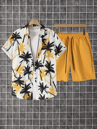 Catalog display showing the back panel design of the white and black single-breasted palm tree shirt hanging next to black beach shorts