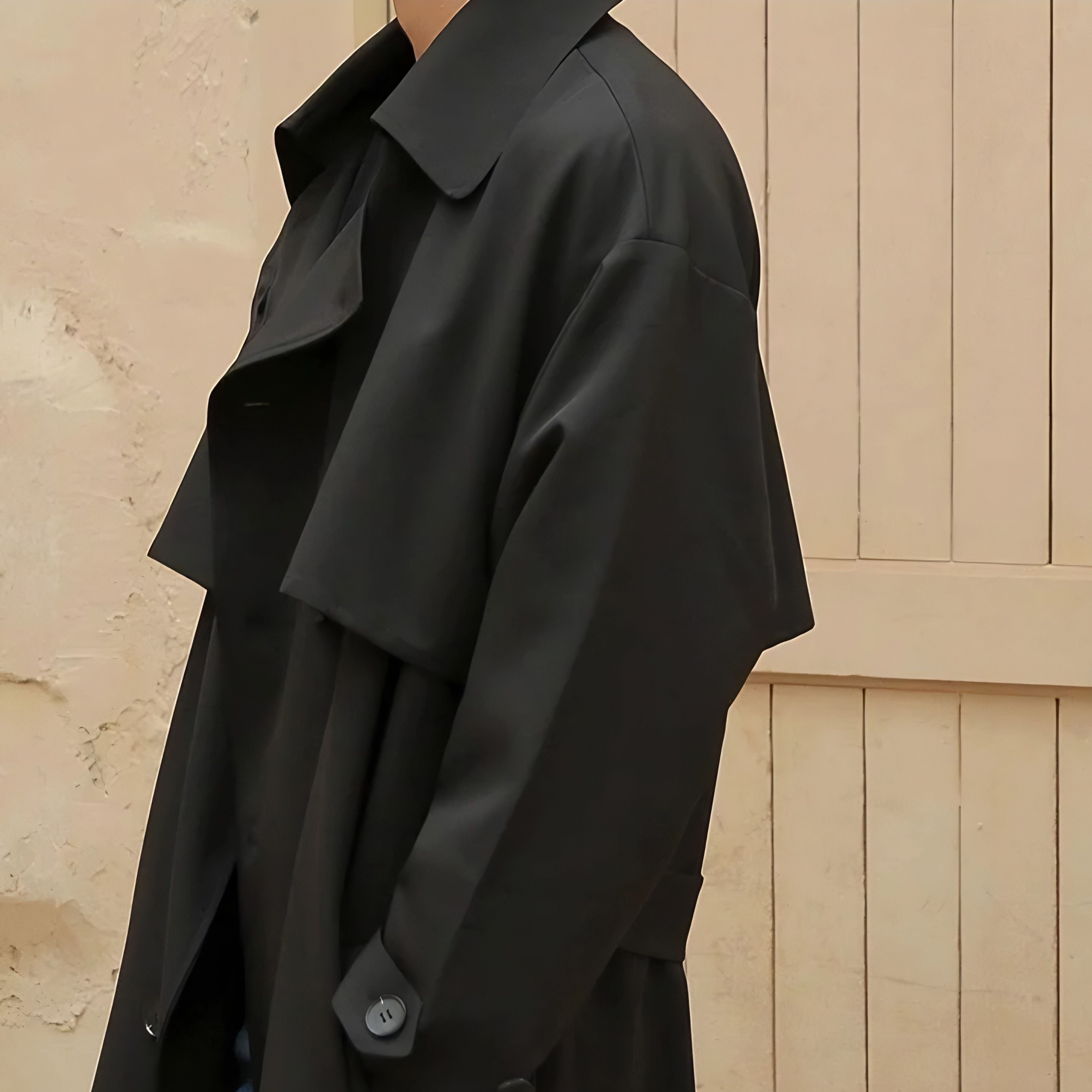 Man  wearing black windproof business style trench coat city essential look