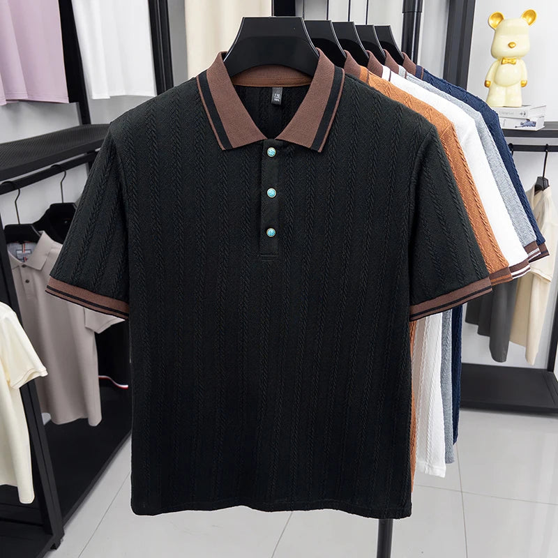 Close-up showing the flexible stretch and breathable texture of the polyester-elastane blend navy polo shirt.