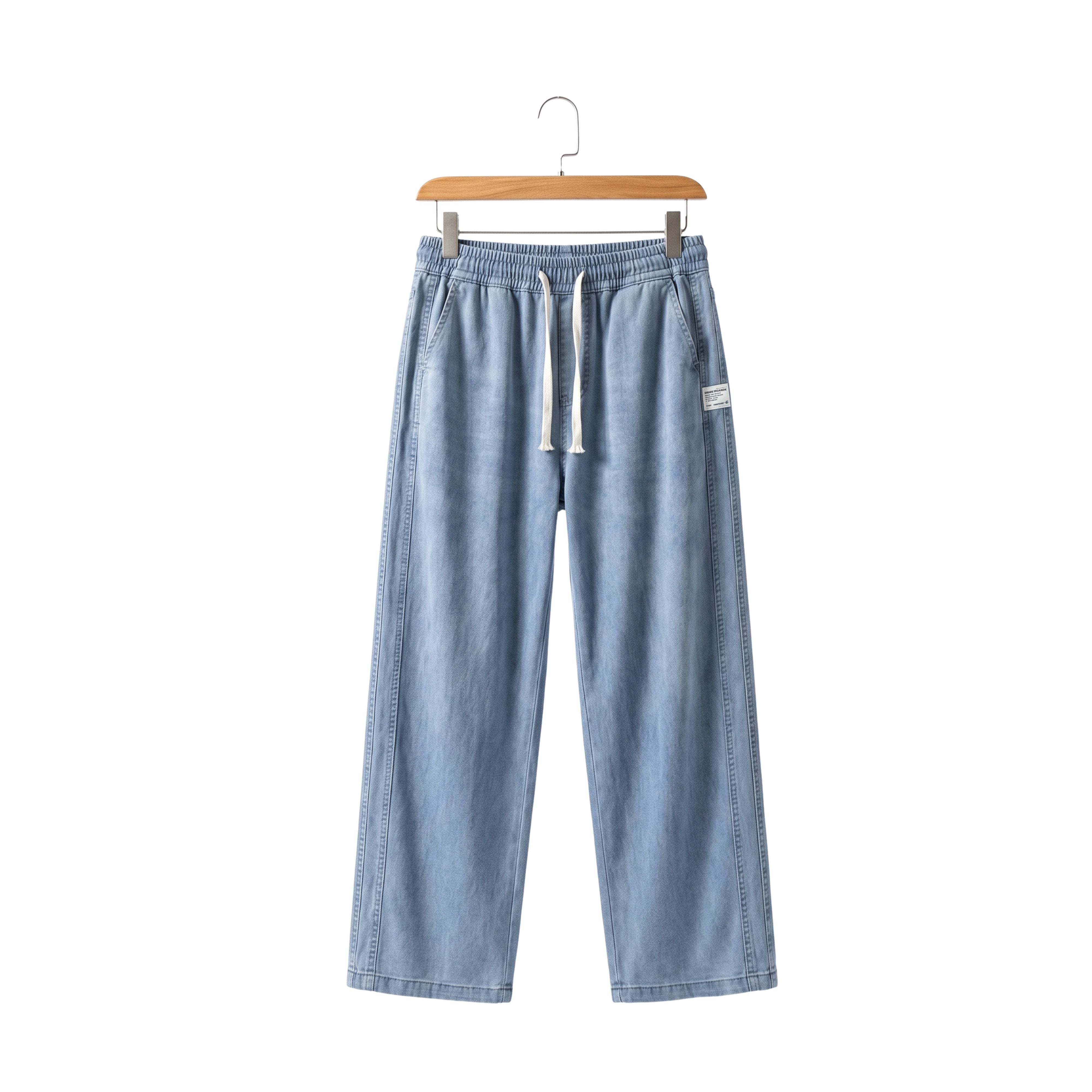 Light blue wide-leg men's Lyocell trousers with a comfortable drawstring elastic waistband shown on a wooden hanger