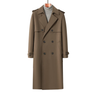 Front view of men's extended length trench coat in camel brown business style