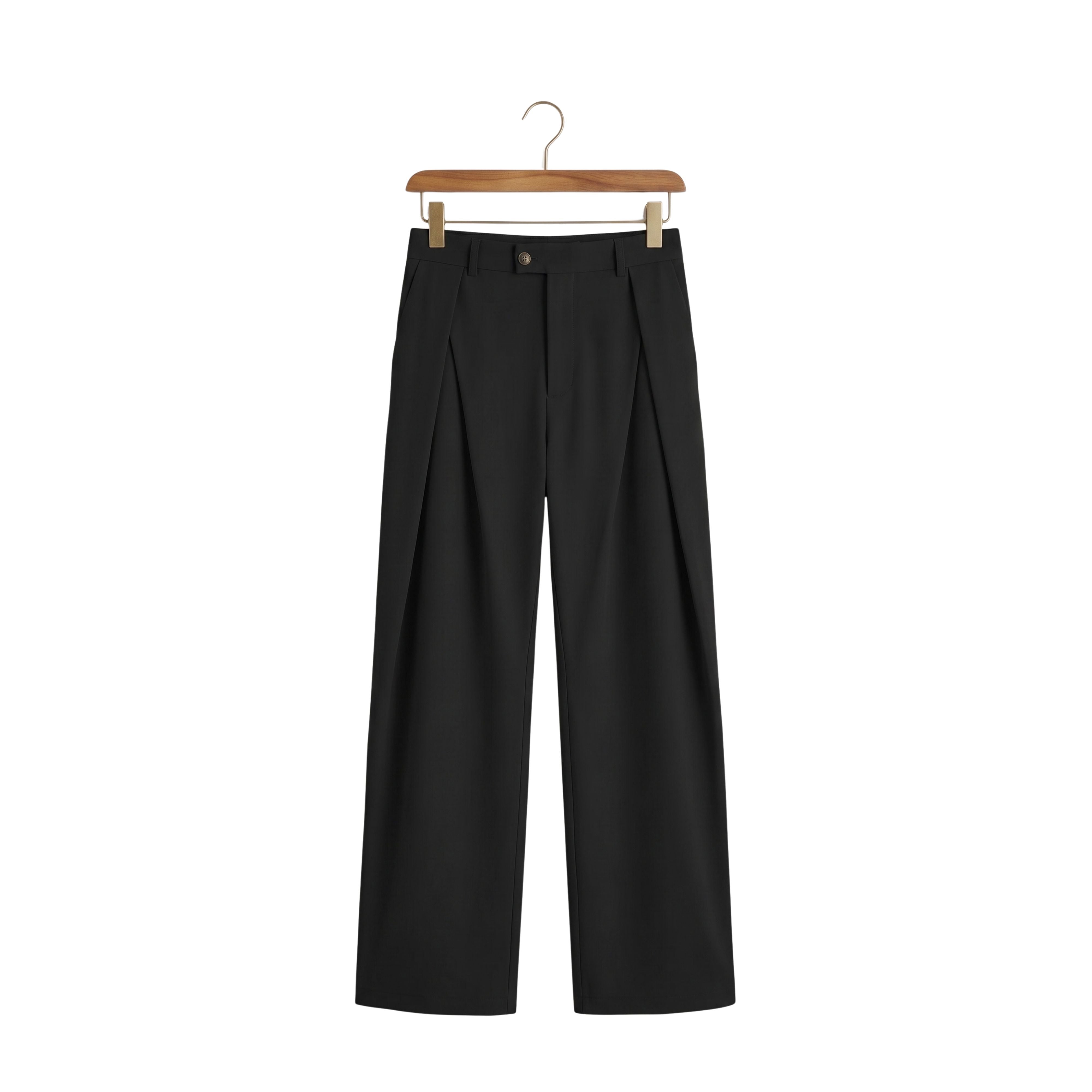 Front view of men's button pleated business suit pants in Classic Black on a hanger